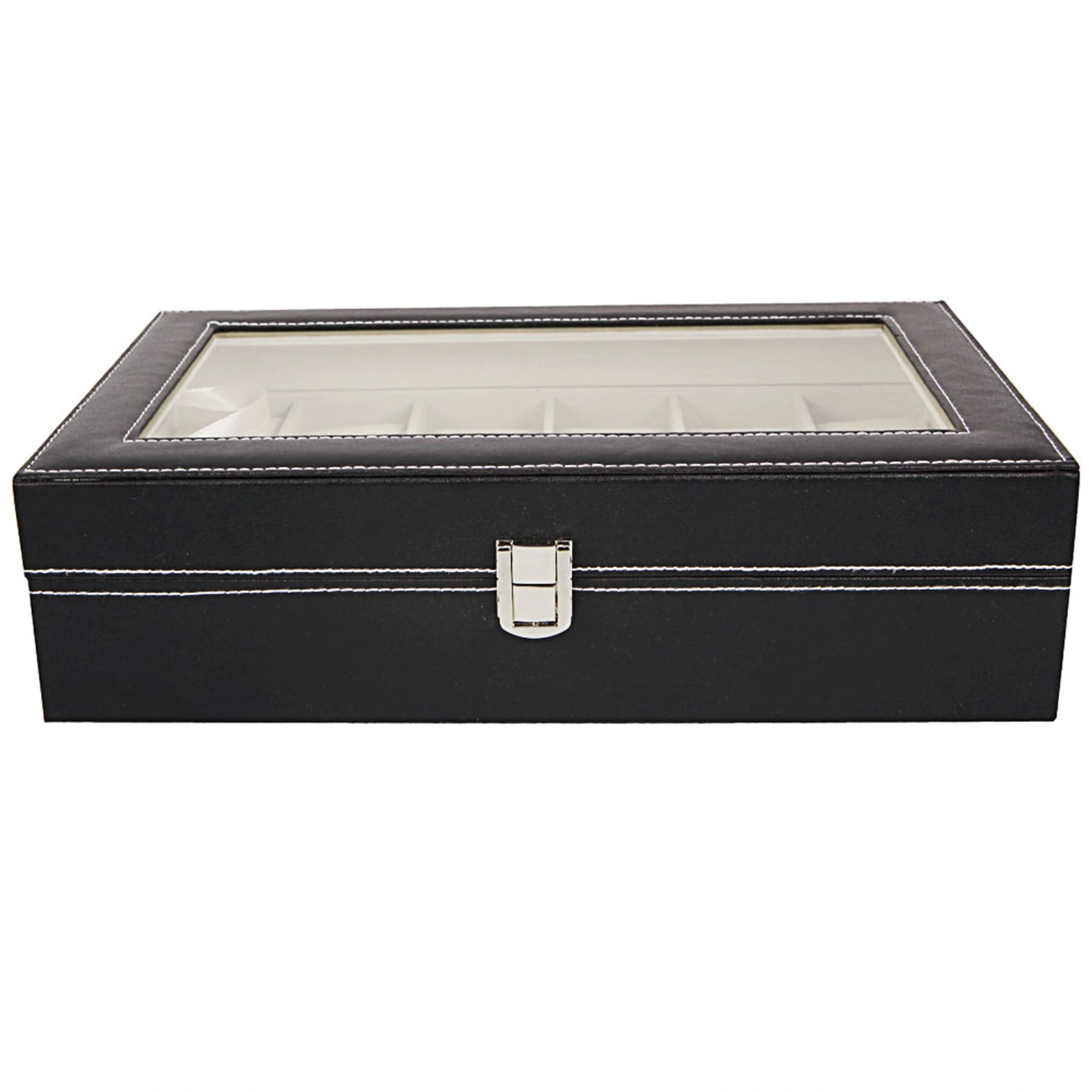 12-Compartment Leather Watch Box, Top-Opening Display Case, Black view 2