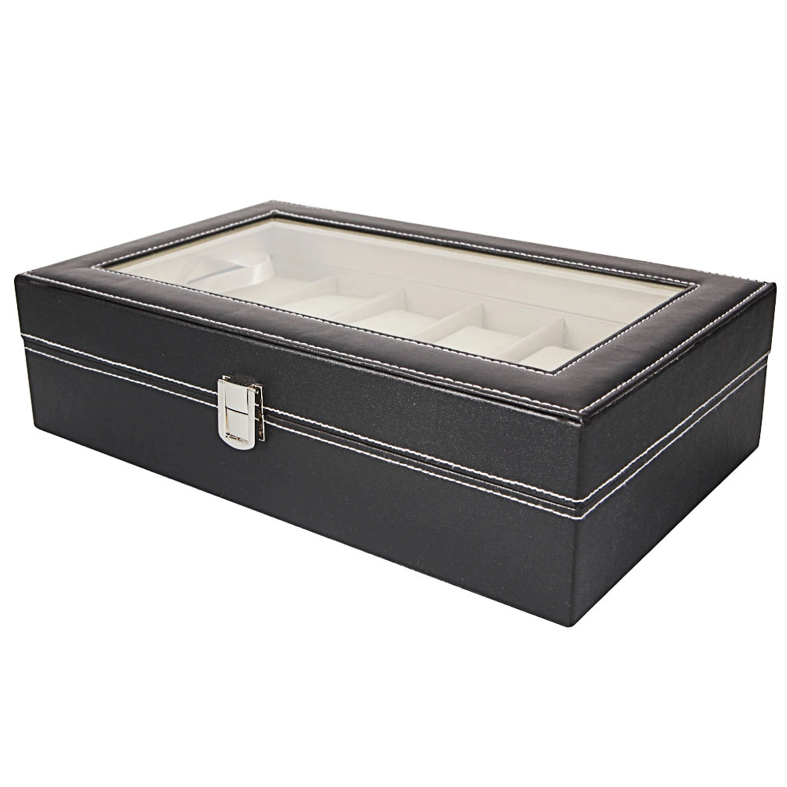 12-Compartment Leather Watch Box, Top-Opening Display Case, Black view 3