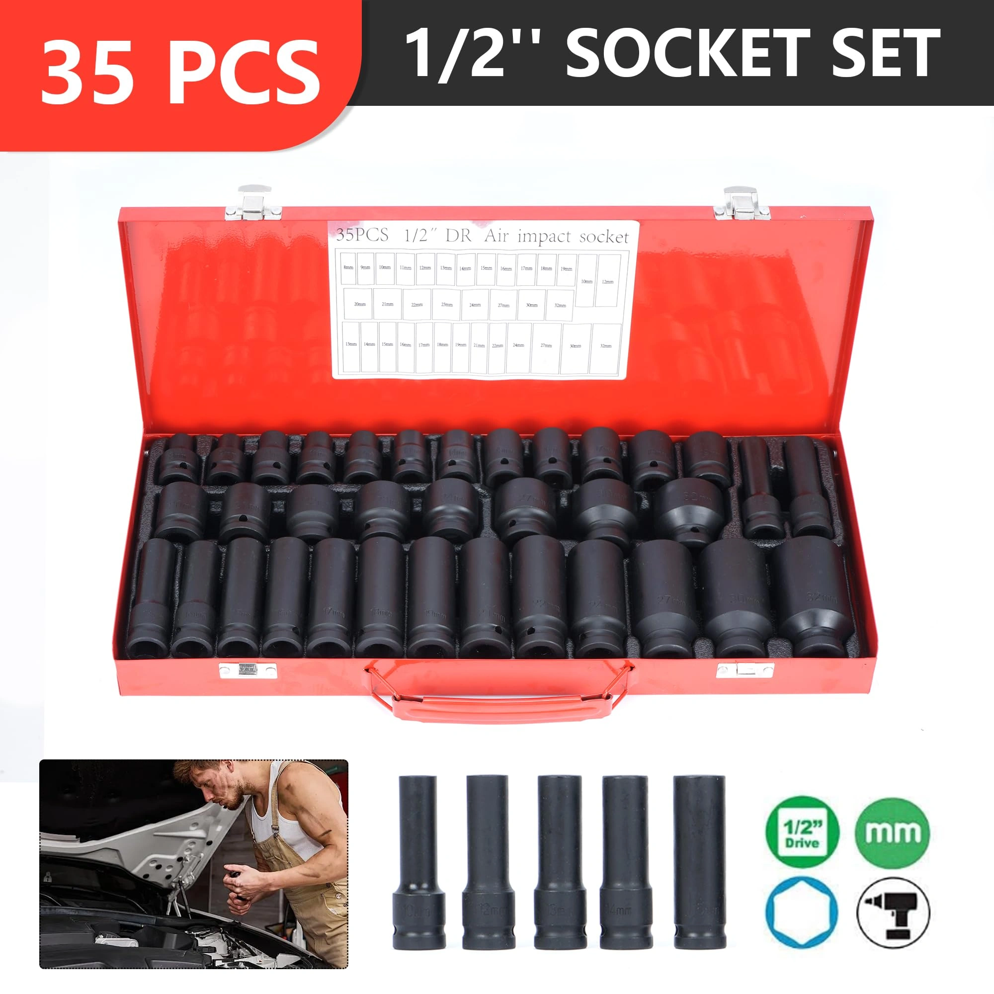 35-Piece 1/2 Inch Impact Socket Set, 6-Point Metric 8-32mm Deep Socket, Spindle Axle Nut, Portable Case, Red