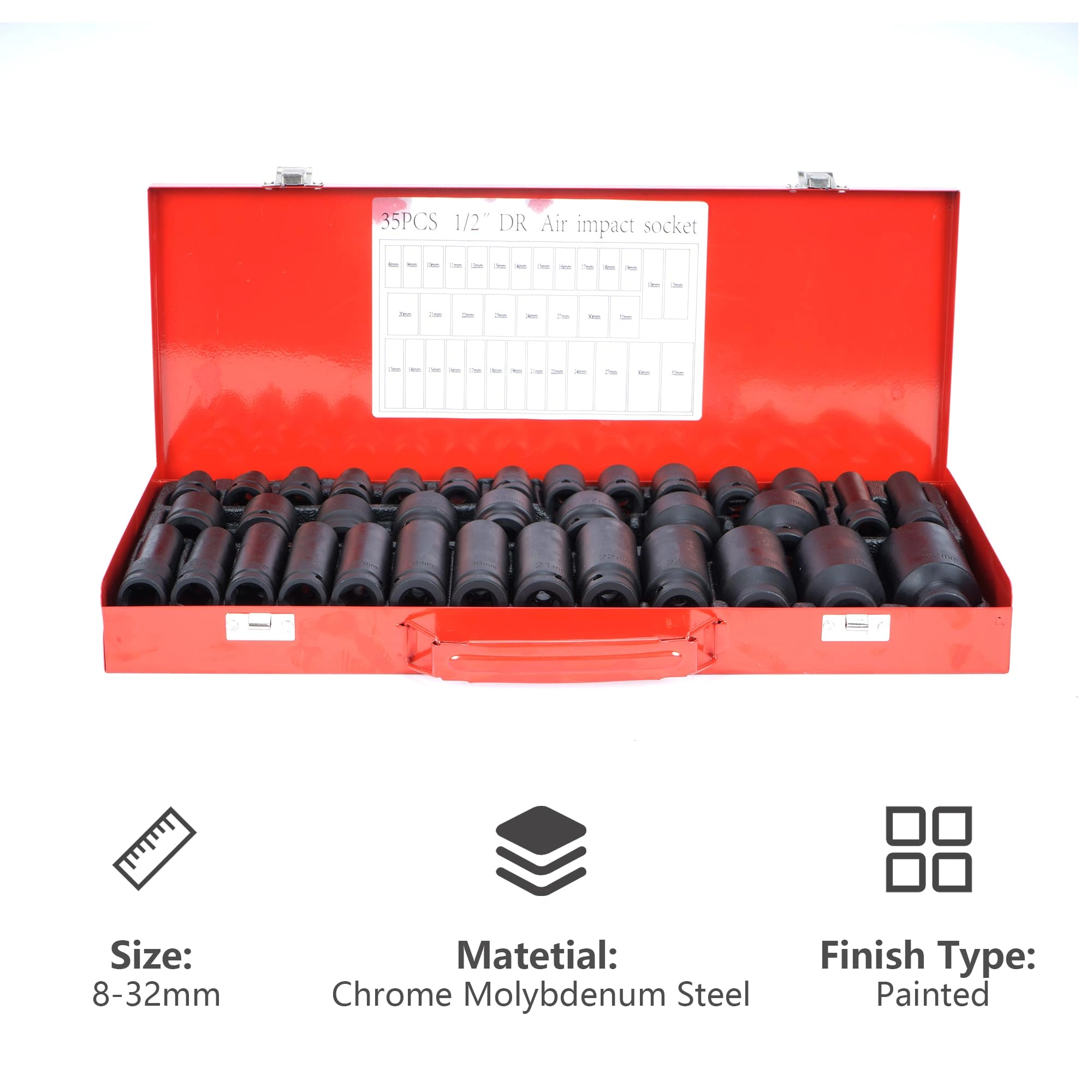 35-Piece 1/2 Inch Impact Socket Set, 6-Point Metric 8-32mm Deep Socket, Spindle Axle Nut, Portable Case, Red view 2