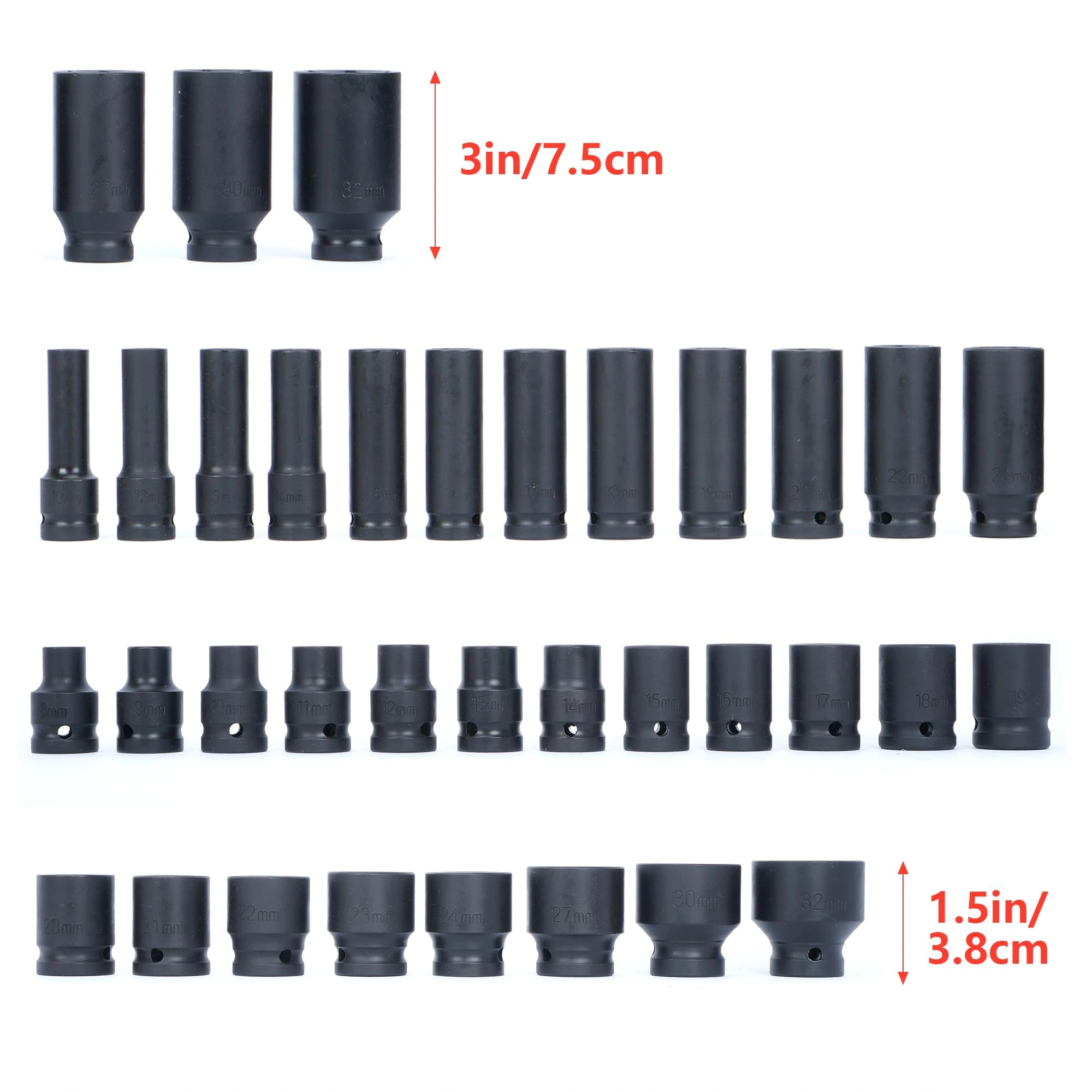 35-Piece 1/2 Inch Impact Socket Set, 6-Point Metric 8-32mm Deep Socket, Spindle Axle Nut, Portable Case, Red view 3