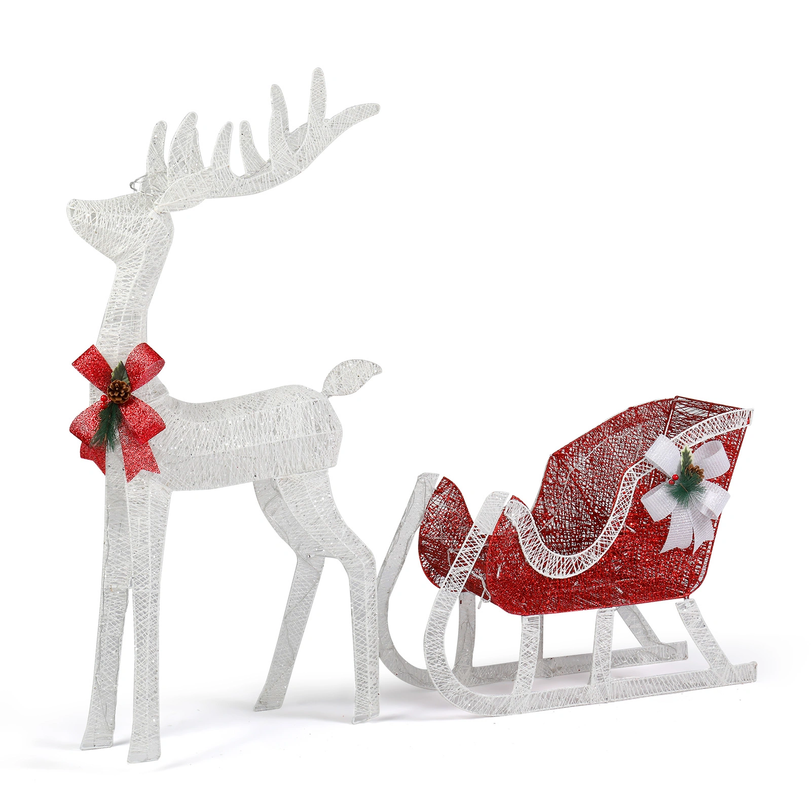 4ft Lighted Christmas Reindeer Sleigh Outdoor Yard Decoration Set with LED Lights, Red & White