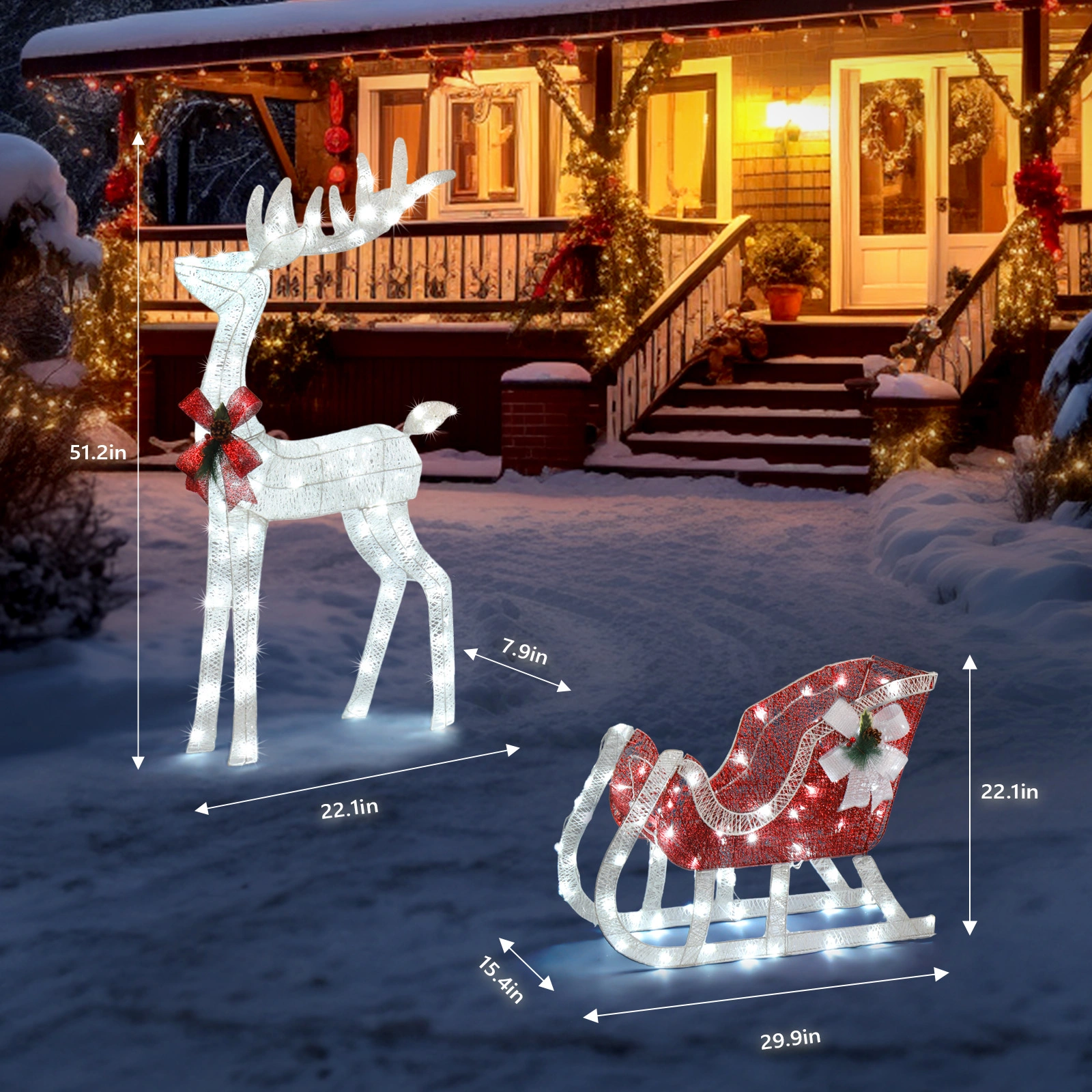 4ft Lighted Christmas Reindeer Sleigh Outdoor Yard Decoration Set with LED Lights, Red & White view 2