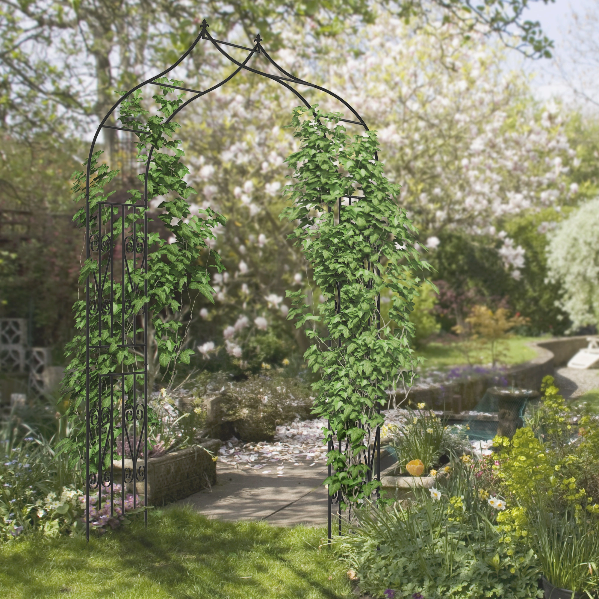 Metal Garden Arch Walkway, Heavy Duty Steel Garden Arch with Arched Door for Yard, Patio, Backyard, Outdoor Decor - Black