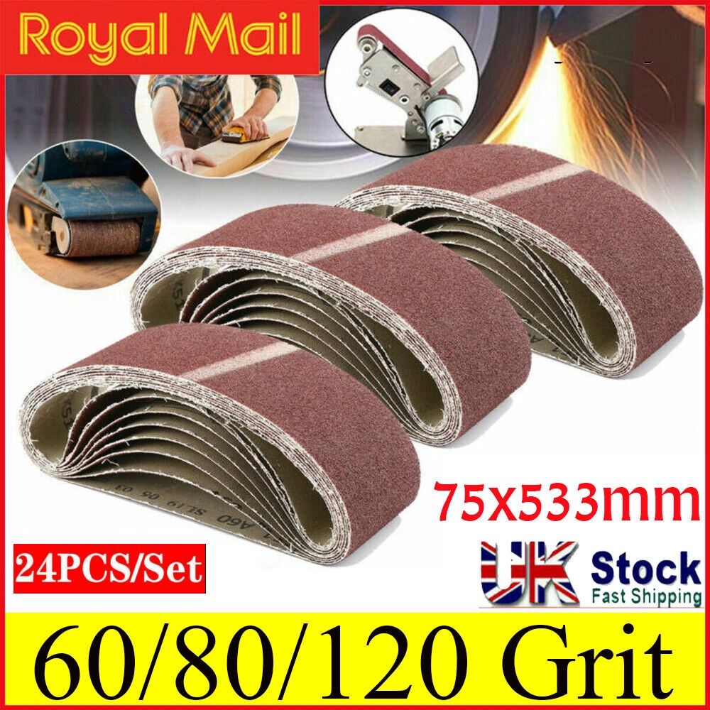 24 Pack Sanding Belts 75x533mm, 60/80/120 Grit Mixed Grade, Compatible with Bosch & Makita Sander, UK