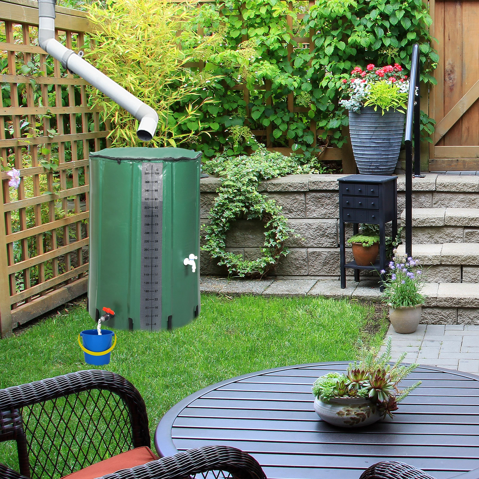 100 Gallon Rain Barrel PVC Water Collection Container with Measure Scale - Green Outdoor Garden Barrel view 17