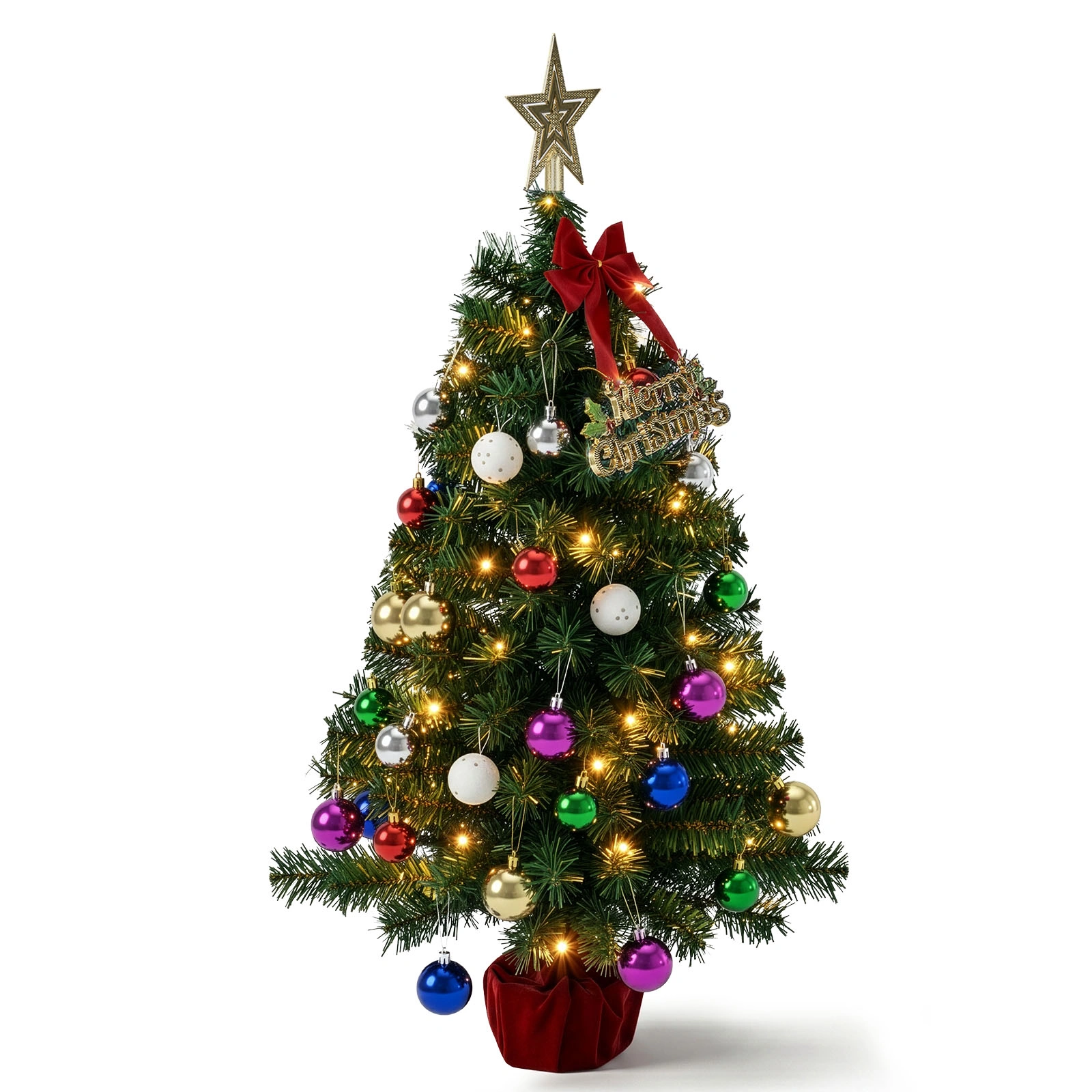 3FT Pre-Lit Christmas Tree, Green PVC Mini Xmas Tree with 50 Warm White LED Lights (8 Modes), 120 Branch Tips, Battery Operated, Includes Star Topper, Bow, Sign & Red Base