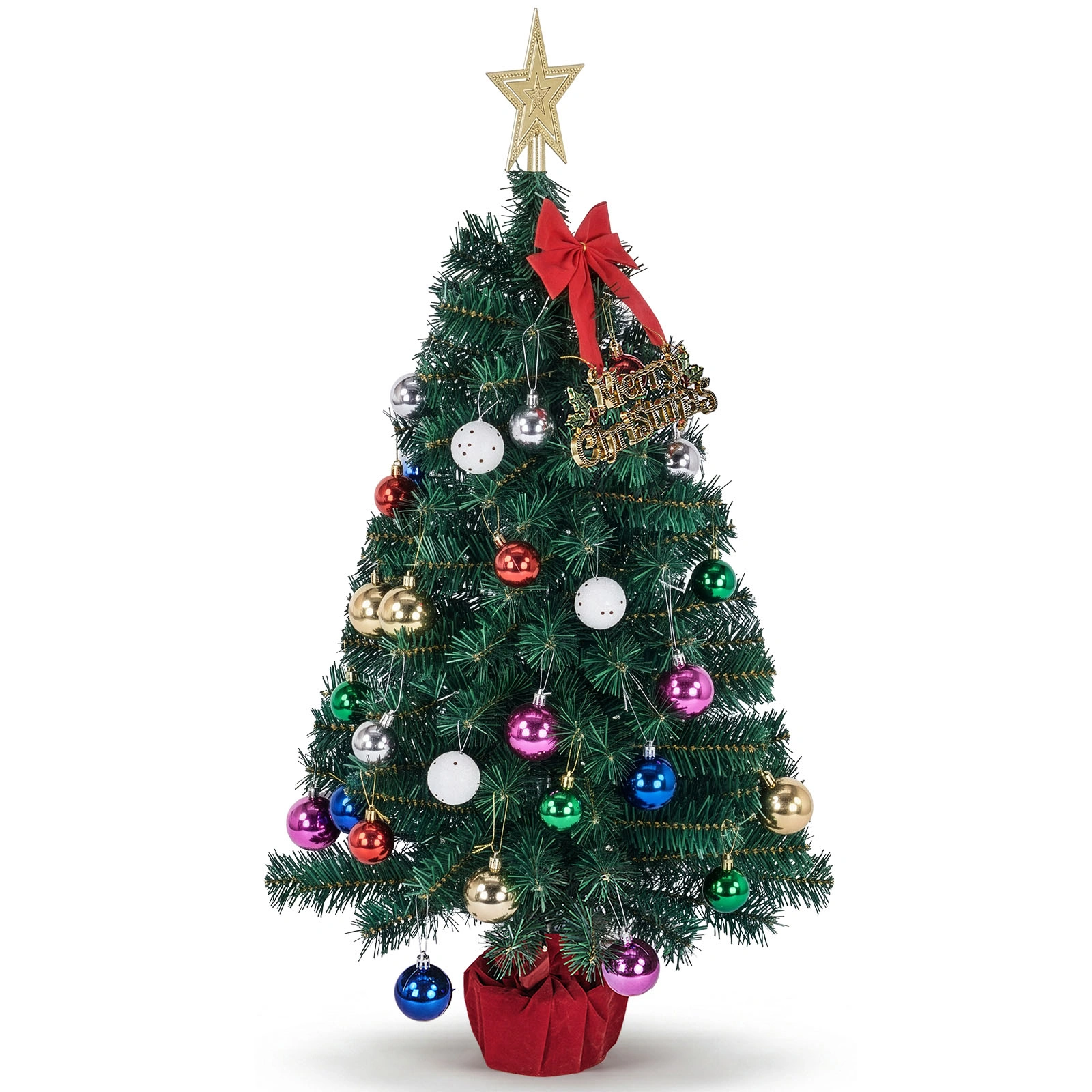 3FT Pre-Lit Christmas Tree, Green PVC Mini Xmas Tree with 50 Warm White LED Lights (8 Modes), 120 Branch Tips, Battery Operated, Includes Star Topper, Bow, Sign & Red Base view 2