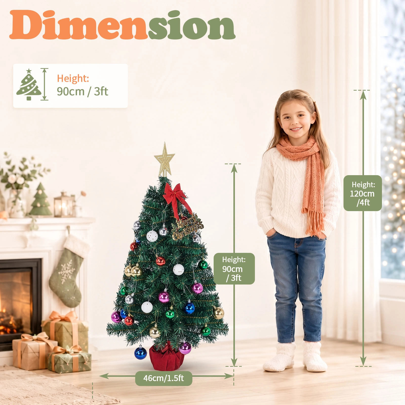 3FT Pre-Lit Christmas Tree, Green PVC Mini Xmas Tree with 50 Warm White LED Lights (8 Modes), 120 Branch Tips, Battery Operated, Includes Star Topper, Bow, Sign & Red Base view 3