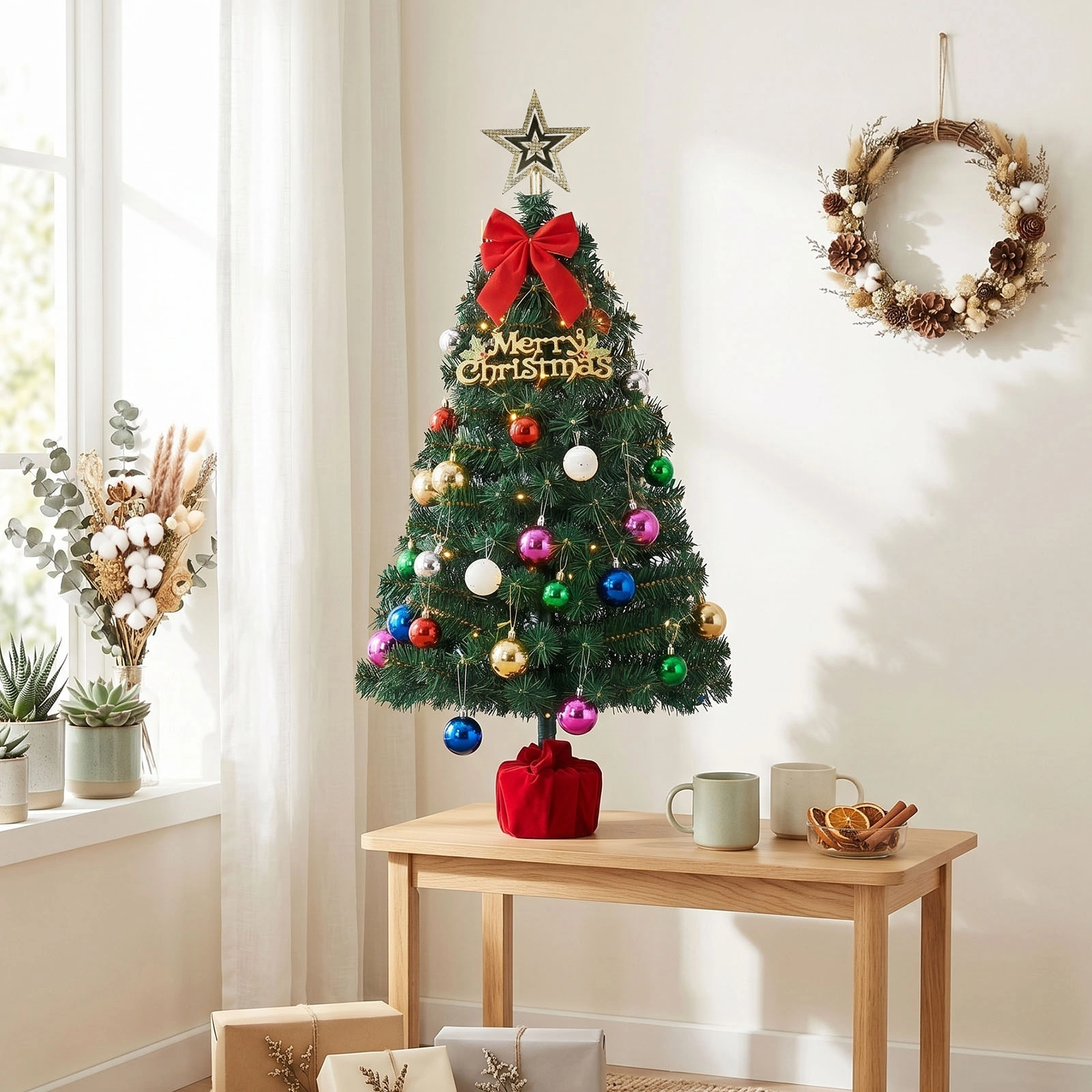 3FT Pre-Lit Christmas Tree, Green PVC Mini Xmas Tree with 50 Warm White LED Lights (8 Modes), 120 Branch Tips, Battery Operated, Includes Star Topper, Bow, Sign & Red Base view 4