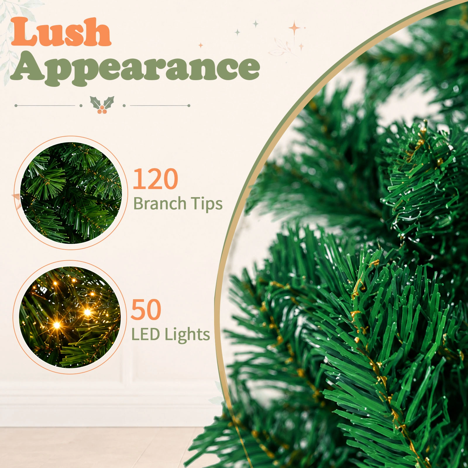 3FT Pre-Lit Christmas Tree, Green PVC Mini Xmas Tree with 50 Warm White LED Lights (8 Modes), 120 Branch Tips, Battery Operated, Includes Star Topper, Bow, Sign & Red Base view 6