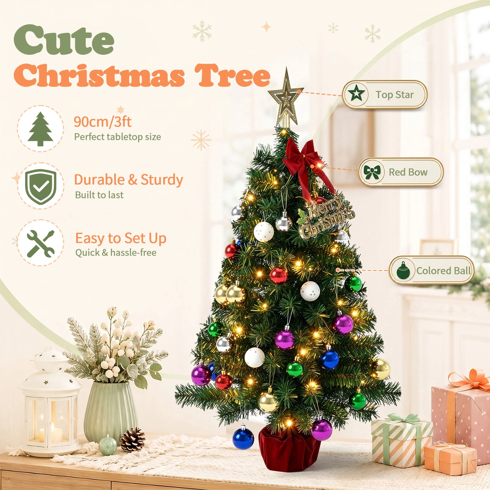 3FT Pre-Lit Christmas Tree, Green PVC Mini Xmas Tree with 50 Warm White LED Lights (8 Modes), 120 Branch Tips, Battery Operated, Includes Star Topper, Bow, Sign & Red Base view 7