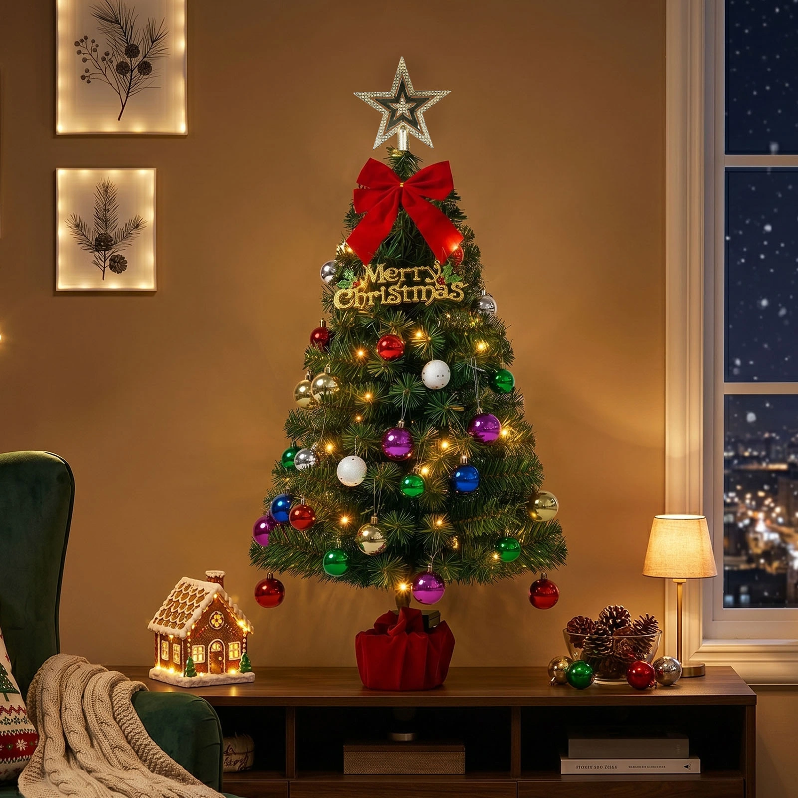 3FT Pre-Lit Christmas Tree, Green PVC Mini Xmas Tree with 50 Warm White LED Lights (8 Modes), 120 Branch Tips, Battery Operated, Includes Star Topper, Bow, Sign & Red Base view 8