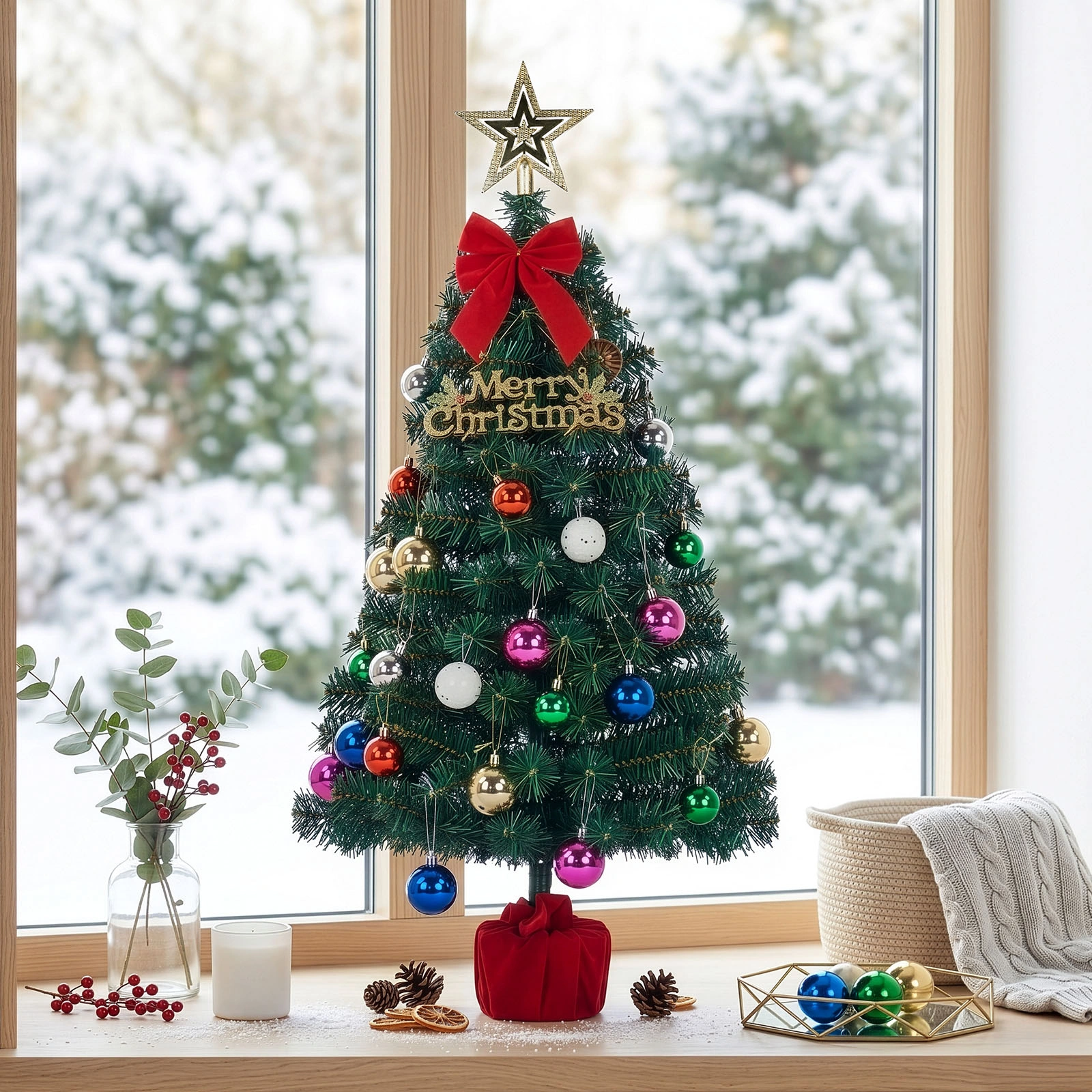 3FT Pre-Lit Christmas Tree, Green PVC Mini Xmas Tree with 50 Warm White LED Lights (8 Modes), 120 Branch Tips, Battery Operated, Includes Star Topper, Bow, Sign & Red Base view 9