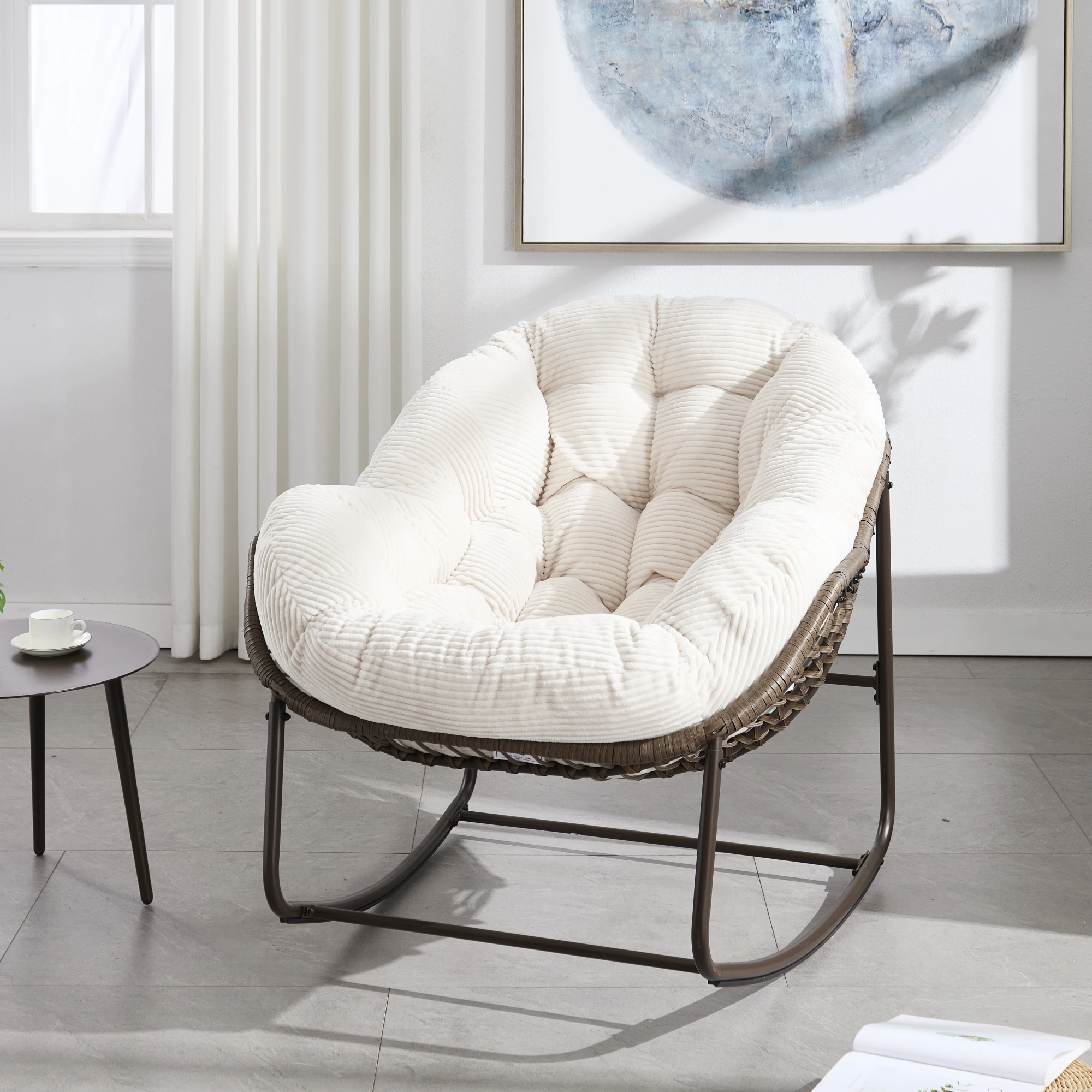 White Outdoor Rattan Rocking Chair with Padded Cushion, Recliner Rocker for Front Porch, Patio, Garden, Living Room