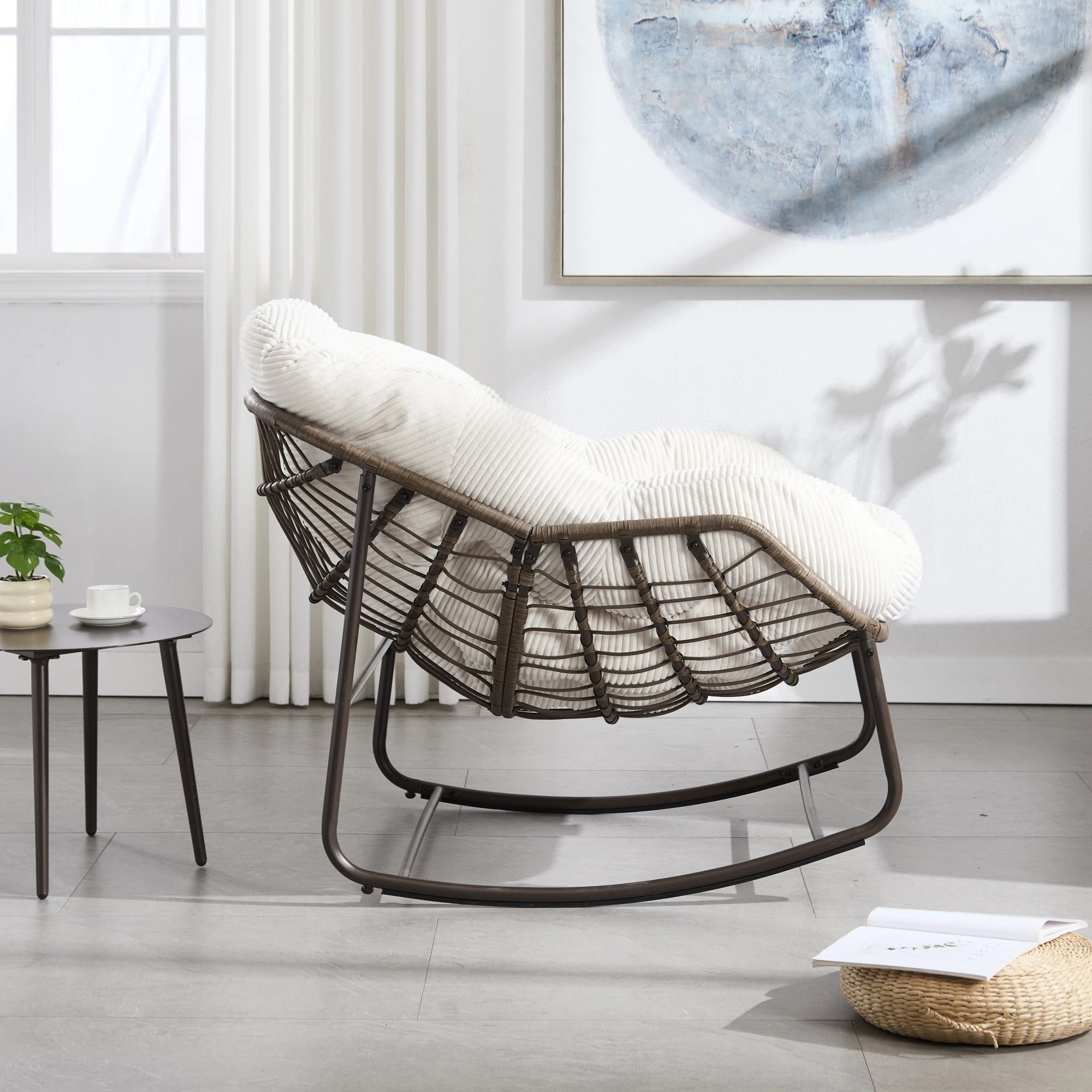White Outdoor Rattan Rocking Chair with Padded Cushion, Recliner Rocker for Front Porch, Patio, Garden, Living Room view 10