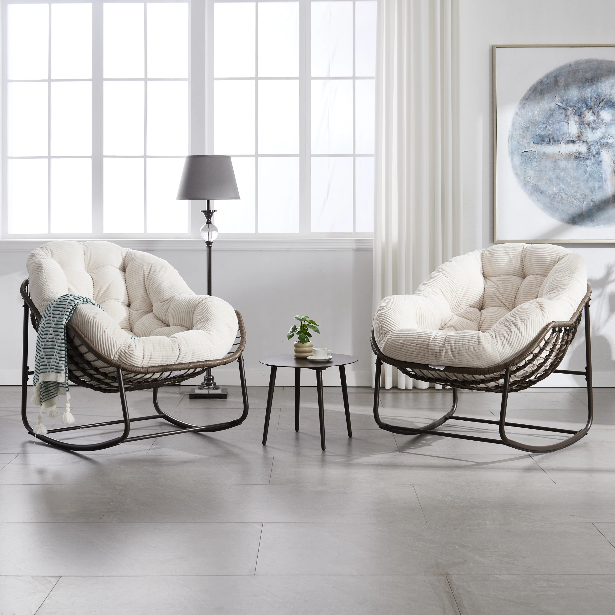 White Outdoor Rattan Rocking Chair with Padded Cushion, Recliner Rocker for Front Porch, Patio, Garden, Living Room view 9