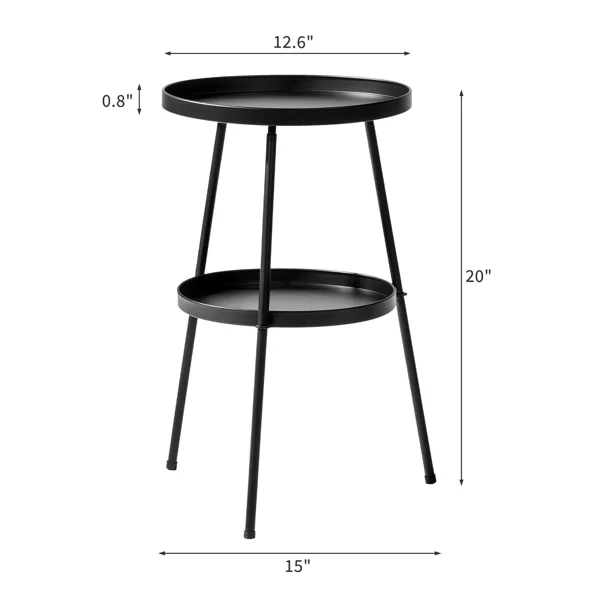 Patio Small Side Table, Round 2 Tier End Table, Metal Round Coffee Table for Indoor Outdoor, Black view 2