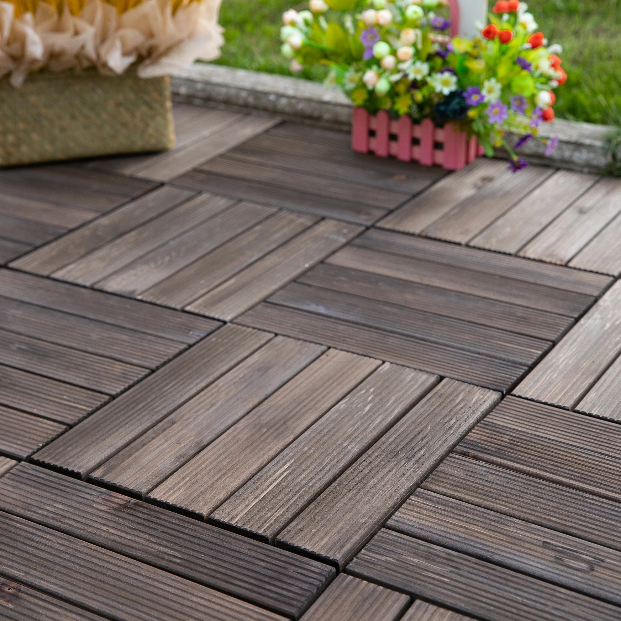 12x12 Interlocking Deck Tiles Pack of 27 - Natural Teak Outdoor Patio Flooring Tiles