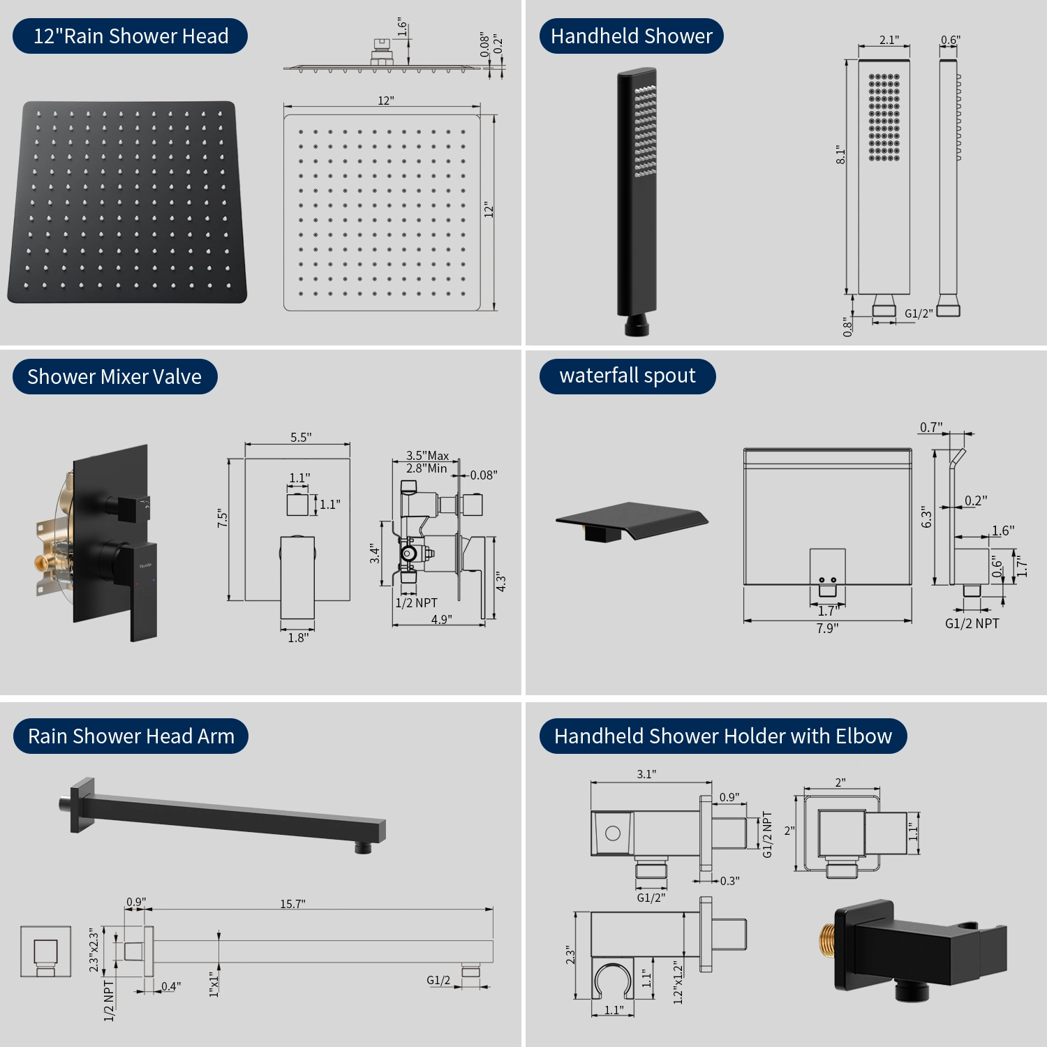 Male NPT Matte Black Shower System, 12 Inch Shower Fixtures Rain Shower Head with Handheld Shower Spray, Wall Mount[Unable ship on weekends, TK/TEMU only for pickup, only TX10643 warehouse supports GOFO] view 5