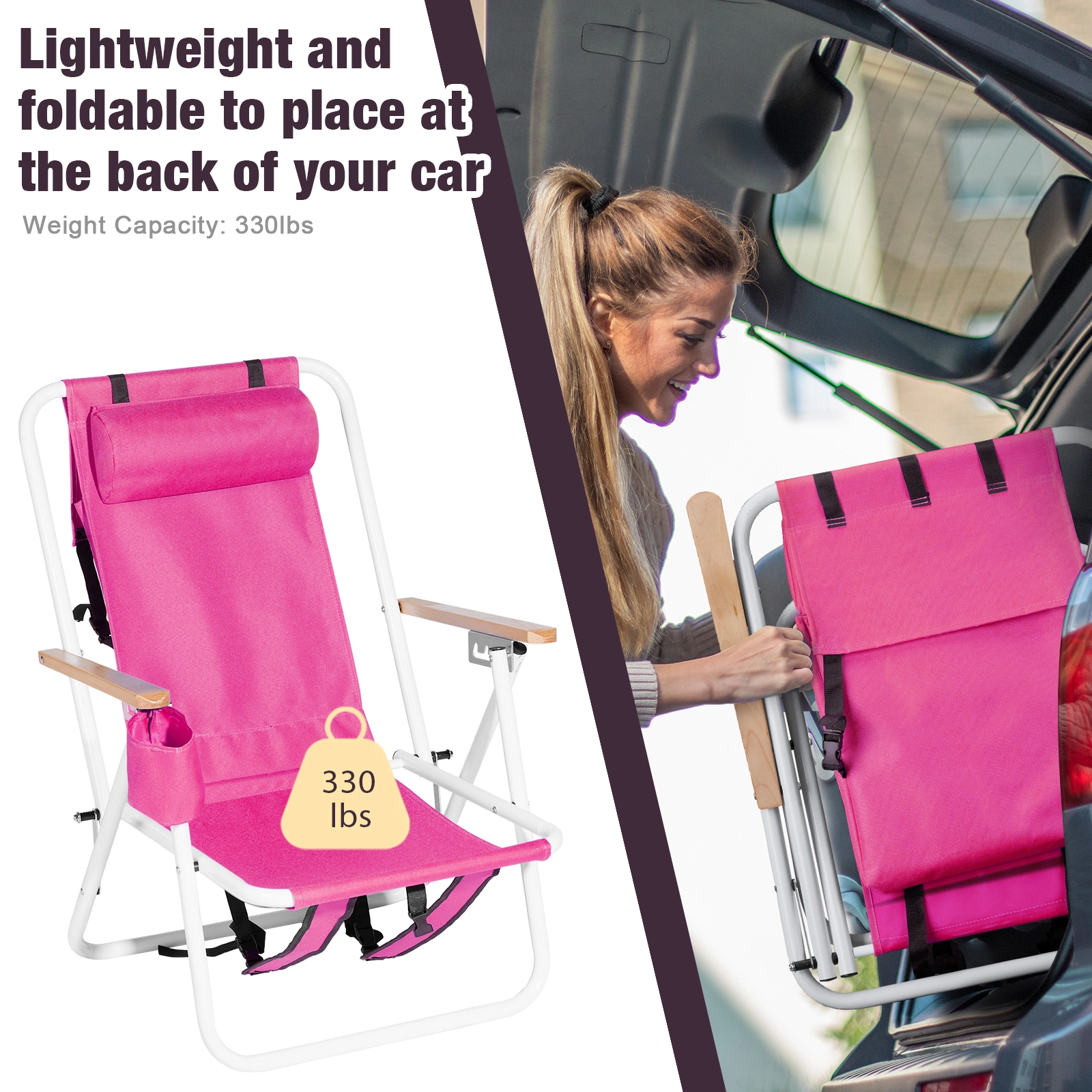 2 PCS Barbie Pink Folding Beach Chairs, 7.9 Inch Seat Height, 17.7 Inch Wide, 17.3 Inch Deep, Steel Tube Frame with Oxford Fabric, 120kg Load Capacity view 10
