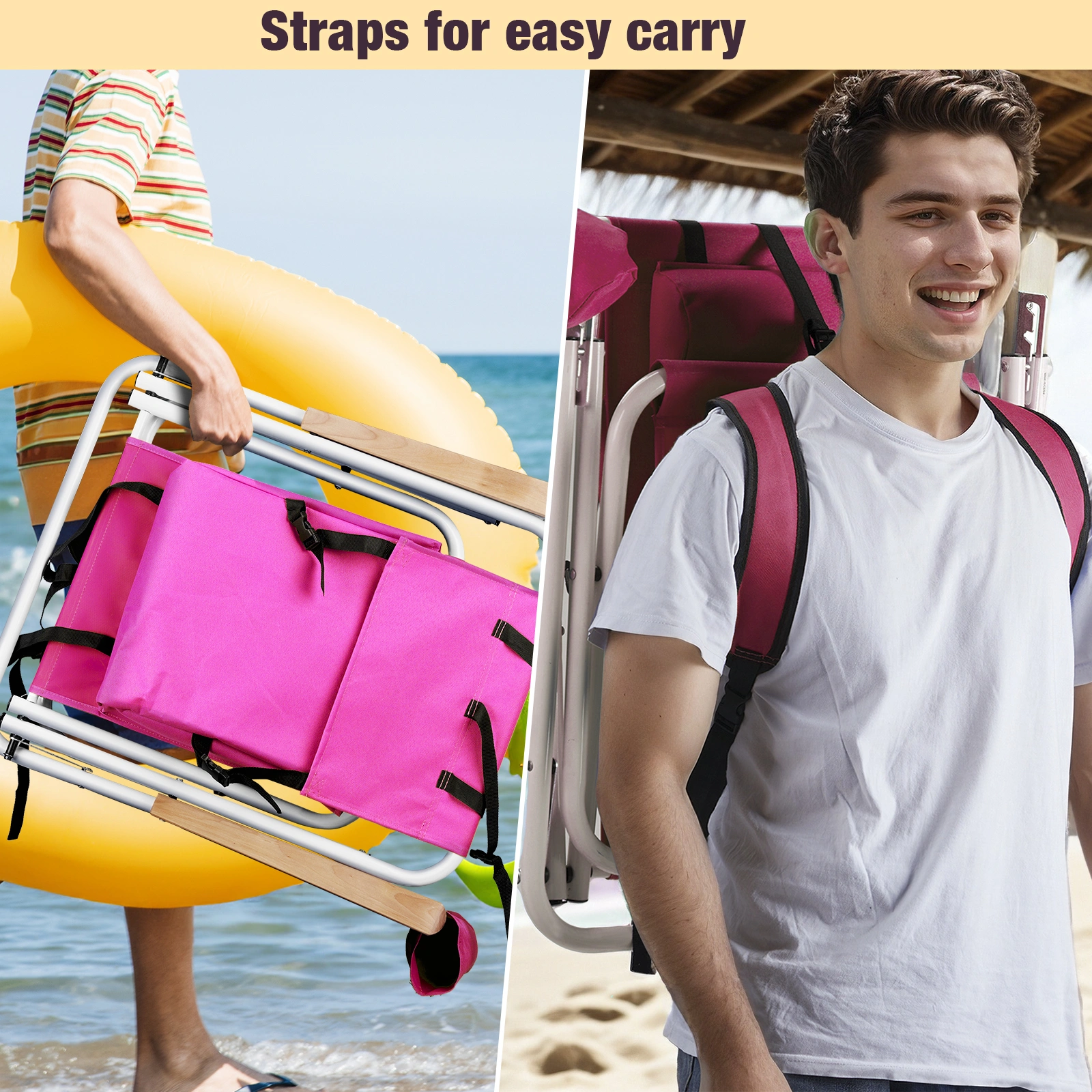 2 PCS Barbie Pink Folding Beach Chairs, 7.9 Inch Seat Height, 17.7 Inch Wide, 17.3 Inch Deep, Steel Tube Frame with Oxford Fabric, 120kg Load Capacity view 9
