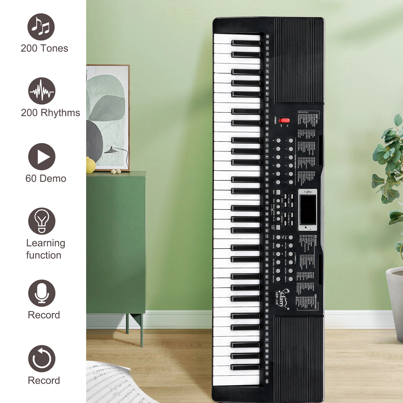 GEP-110 61 Key Digital Piano with Stand, Bench, Built-in Speakers, Mic, Headphone, Music Rest, LED Screen, 3 Teaching Modes for Beginners view 2