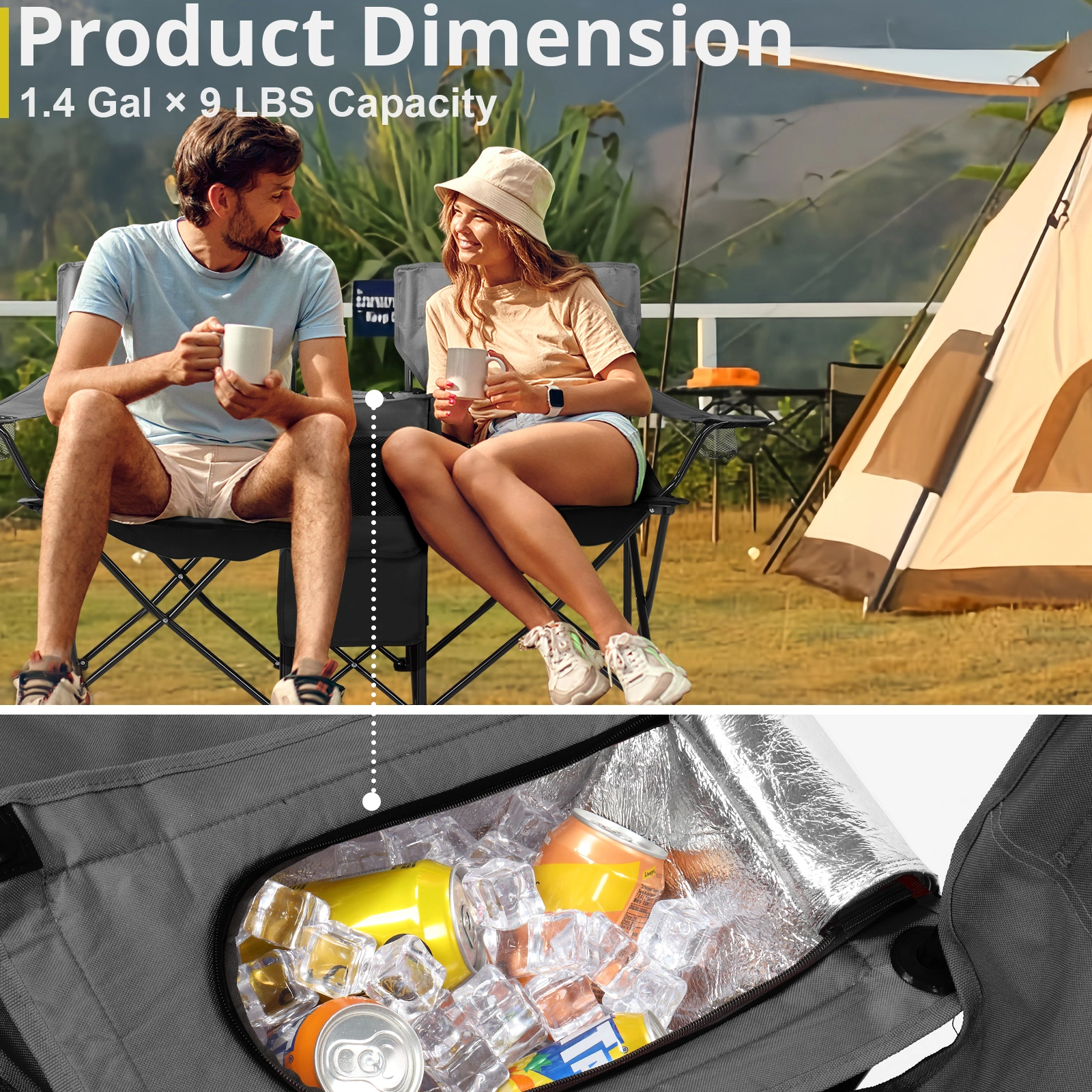Portable Outdoor 2-Seat Folding Chair with Removable Sun Umbrella Black view 4