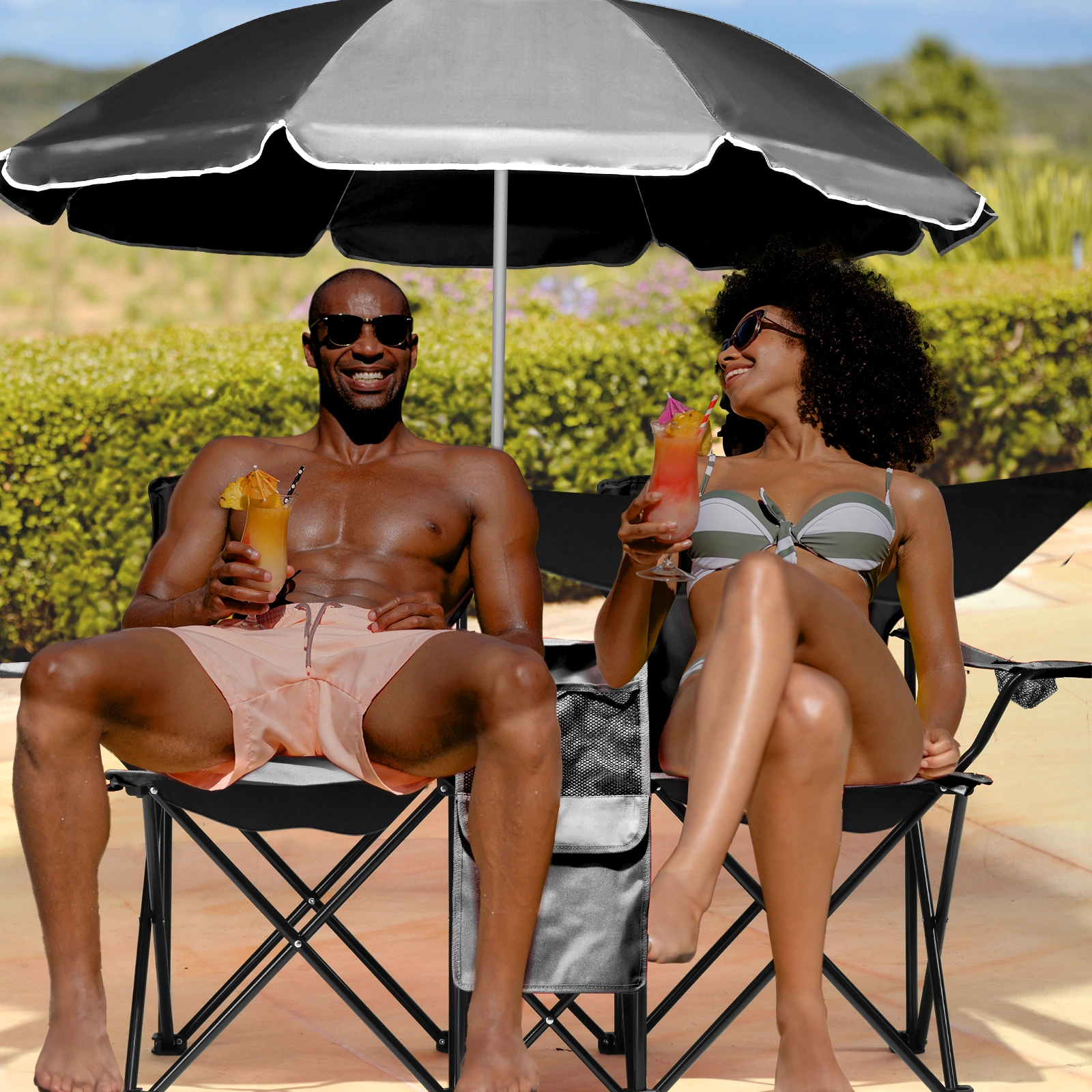 Portable Outdoor 2-Seat Folding Chair with Removable Sun Umbrella Black view 5