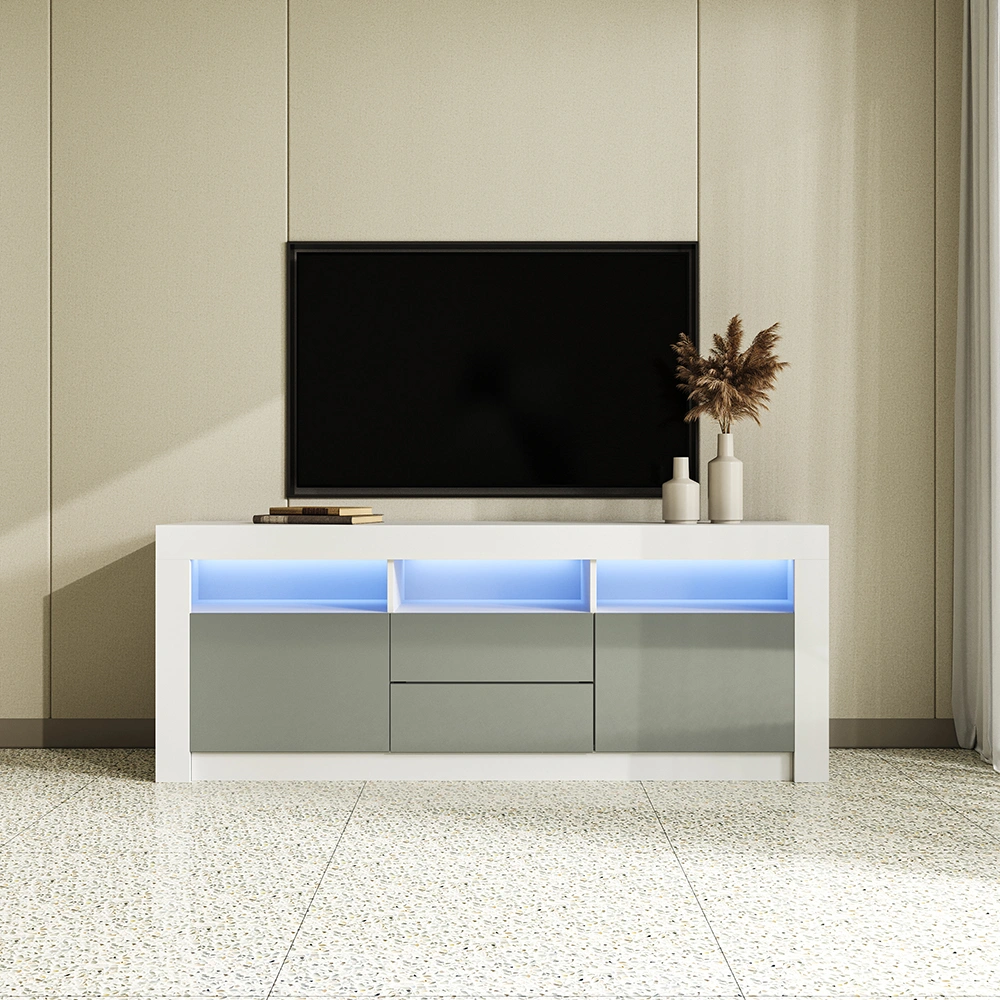 160cm TV Unit Stand Cabinet Sideboard High Gloss Front LED Light Gray White