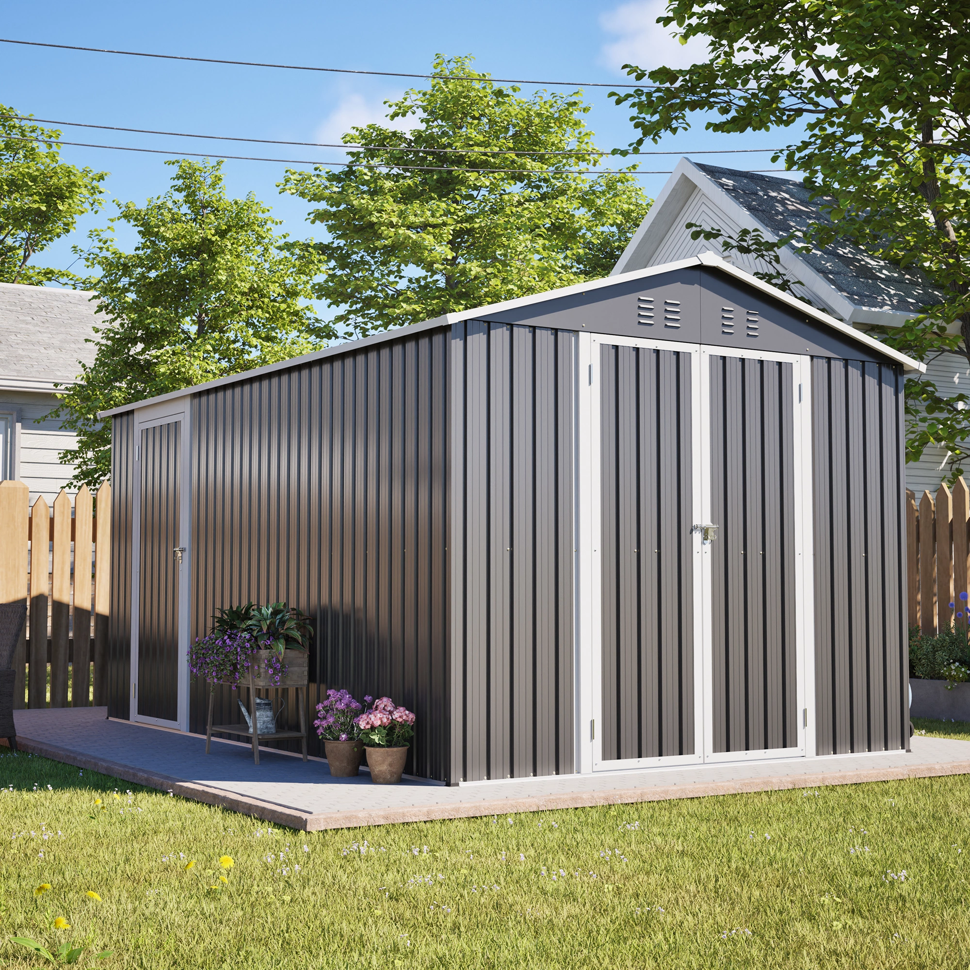8'x12' Metal Storage Shed 584 Cu.FT, Outdoor Heavy Duty Garden Tool Shed, Waterproof UV Protected with Double Doors, Floor Frame, Vents & Lock