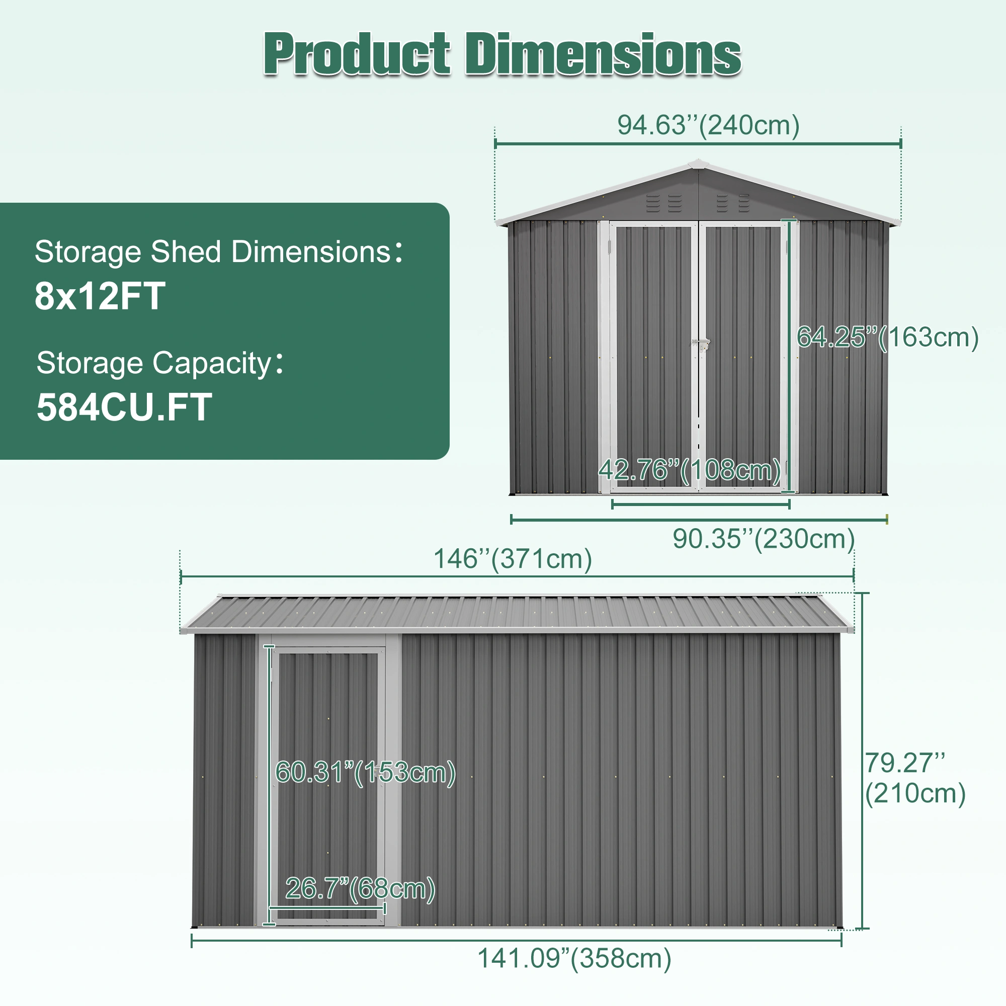 8'x12' Metal Storage Shed 584 Cu.FT, Outdoor Heavy Duty Garden Tool Shed, Waterproof UV Protected with Double Doors, Floor Frame, Vents & Lock view 2