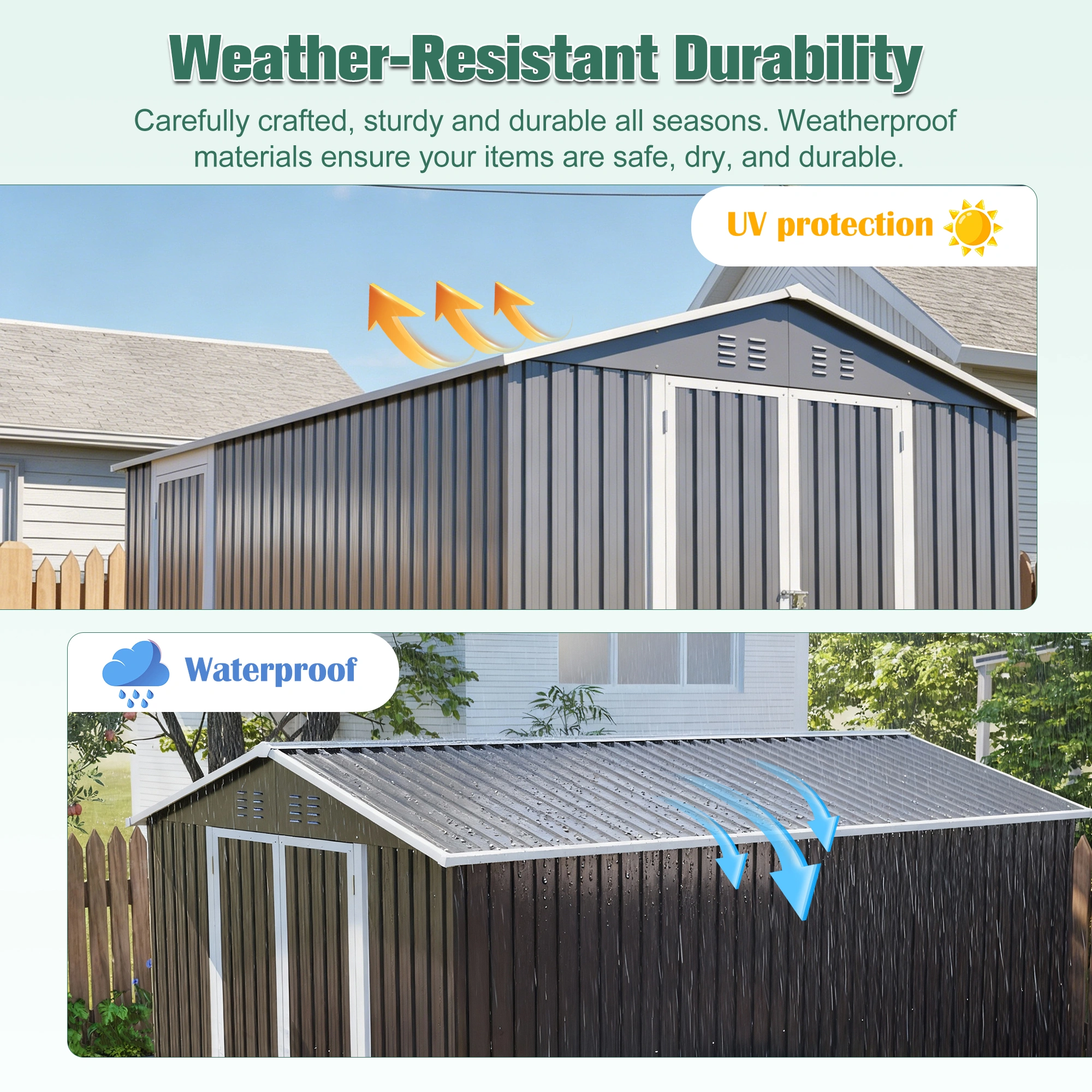 8'x12' Metal Storage Shed 584 Cu.FT, Outdoor Heavy Duty Garden Tool Shed, Waterproof UV Protected with Double Doors, Floor Frame, Vents & Lock view 4