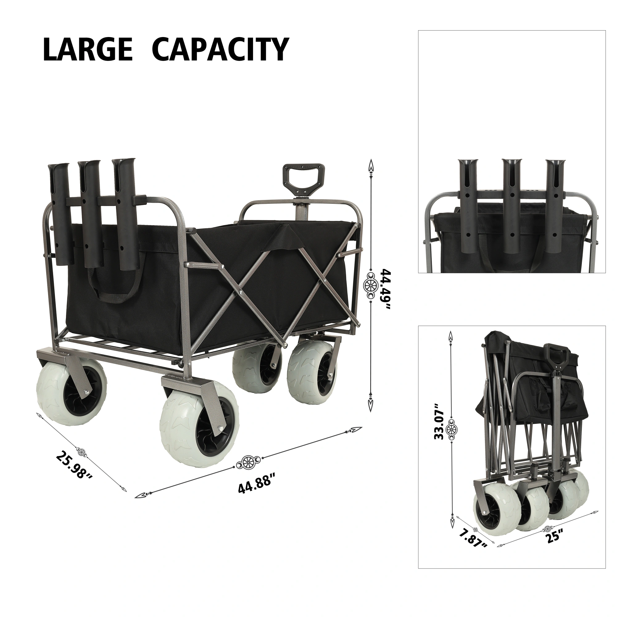 Fishing Cart with Rod Holders, 500lbs Beach Wagon with 9" Pneumatic Tires, All-Terrain Steel Frame Utility Cart with Multi-Use Bag, Black view 2