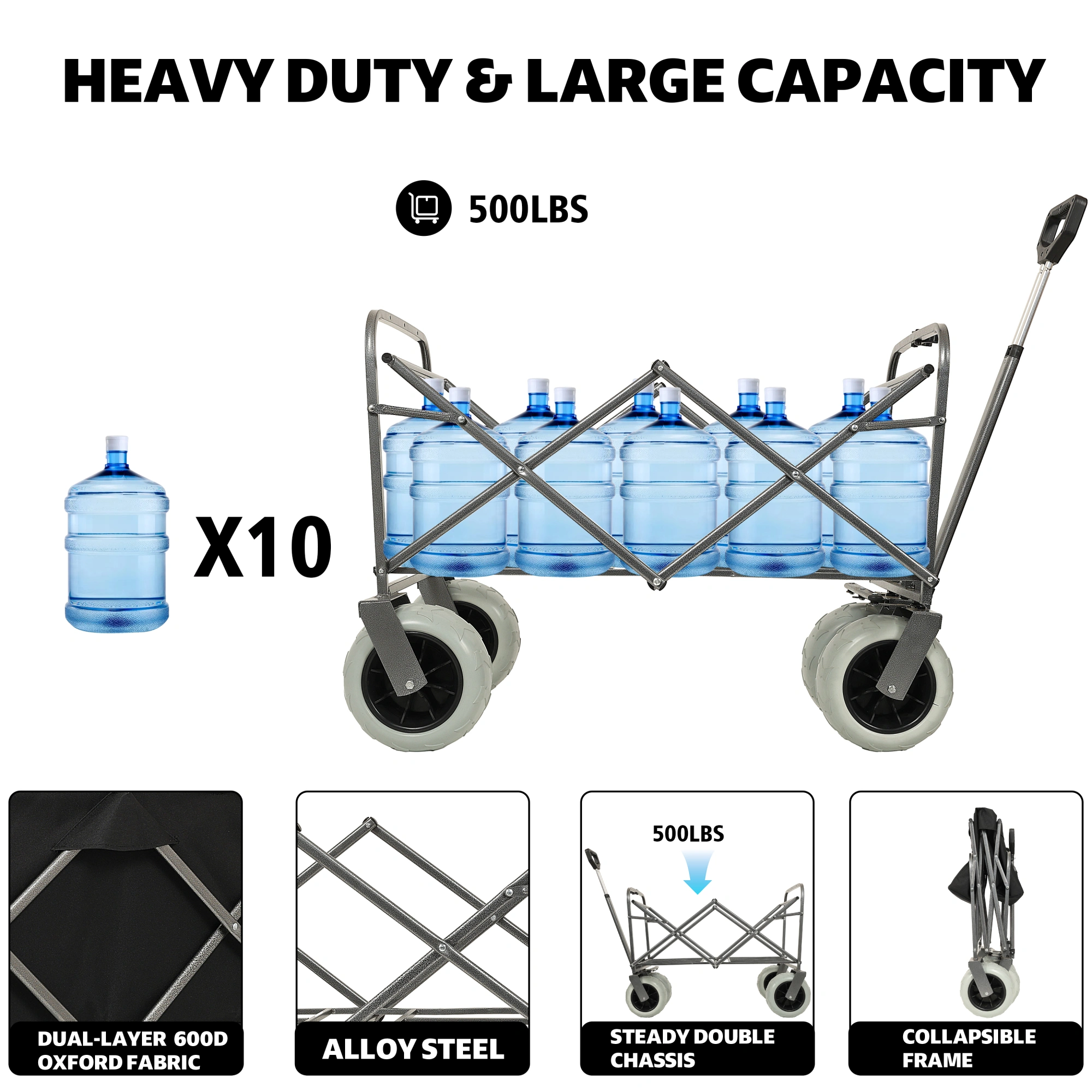 Fishing Cart with Rod Holders, 500lbs Beach Wagon with 9" Pneumatic Tires, All-Terrain Steel Frame Utility Cart with Multi-Use Bag, Black view 4