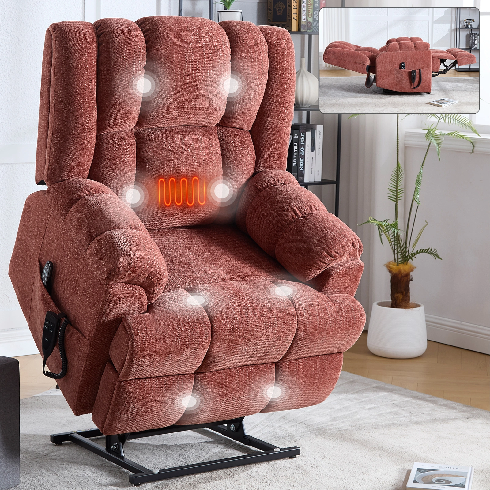 Dual Motor Heat Massage Recliner Chair - Electric Power Lift Recliner with Remote, Infinite Position Up to 350 LBS, Medium-Firm Heavy Duty, Red