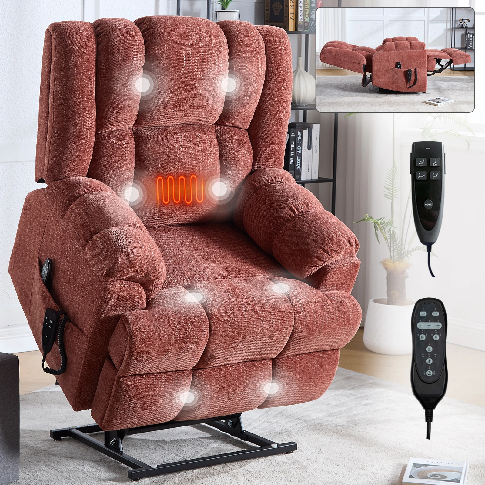 Dual Motor Heat Massage Recliner Chair - Electric Power Lift Recliner with Remote, Infinite Position Up to 350 LBS, Medium-Firm Heavy Duty, Red view 18