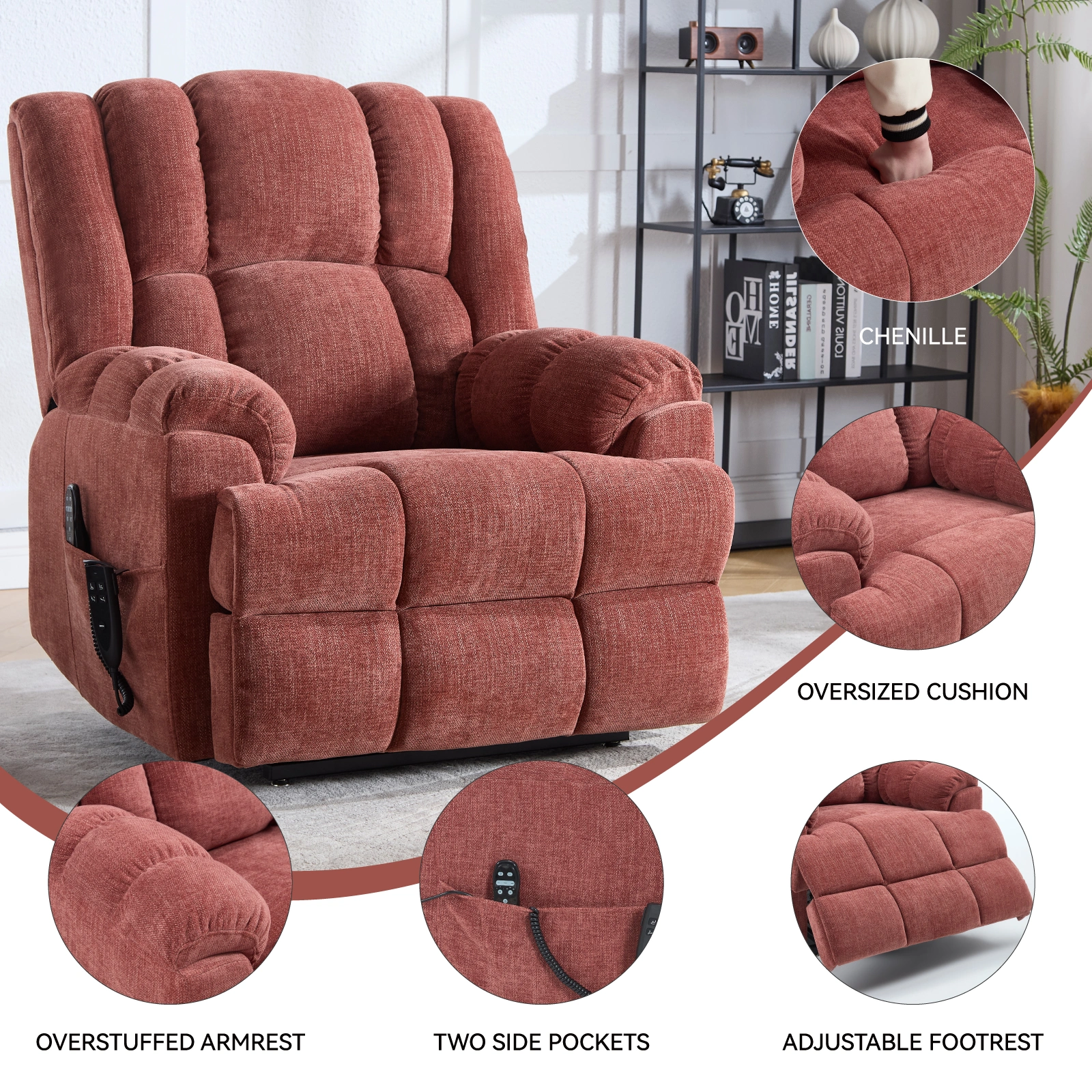 Dual Motor Heat Massage Recliner Chair - Electric Power Lift Recliner with Remote, Infinite Position Up to 350 LBS, Medium-Firm Heavy Duty, Red view 19