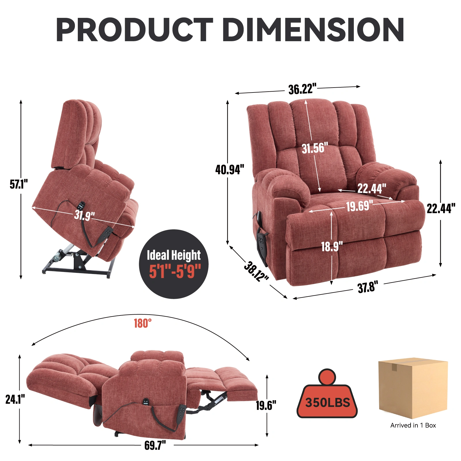 Dual Motor Heat Massage Recliner Chair - Electric Power Lift Recliner with Remote, Infinite Position Up to 350 LBS, Medium-Firm Heavy Duty, Red view 4