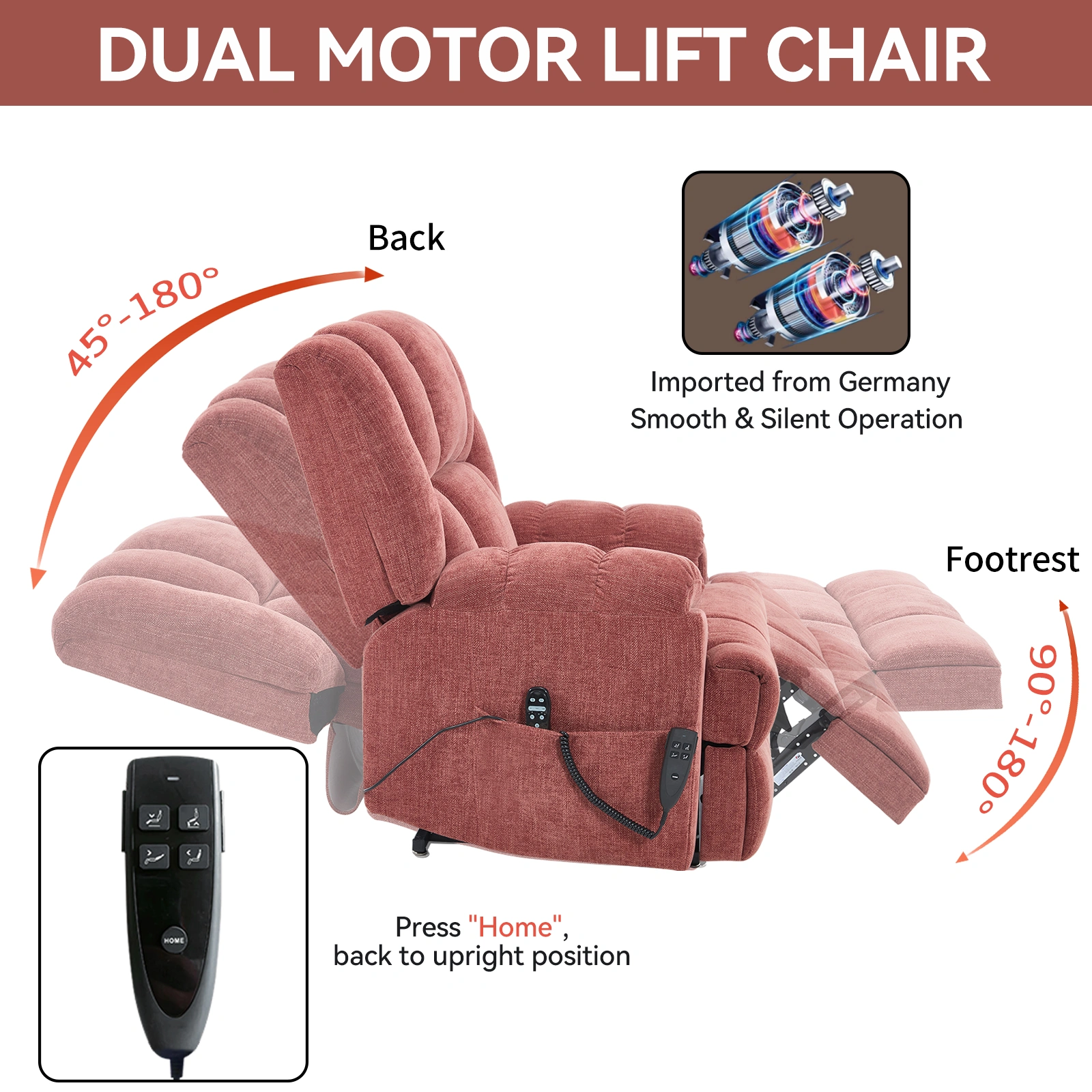 Dual Motor Heat Massage Recliner Chair - Electric Power Lift Recliner with Remote, Infinite Position Up to 350 LBS, Medium-Firm Heavy Duty, Red view 6