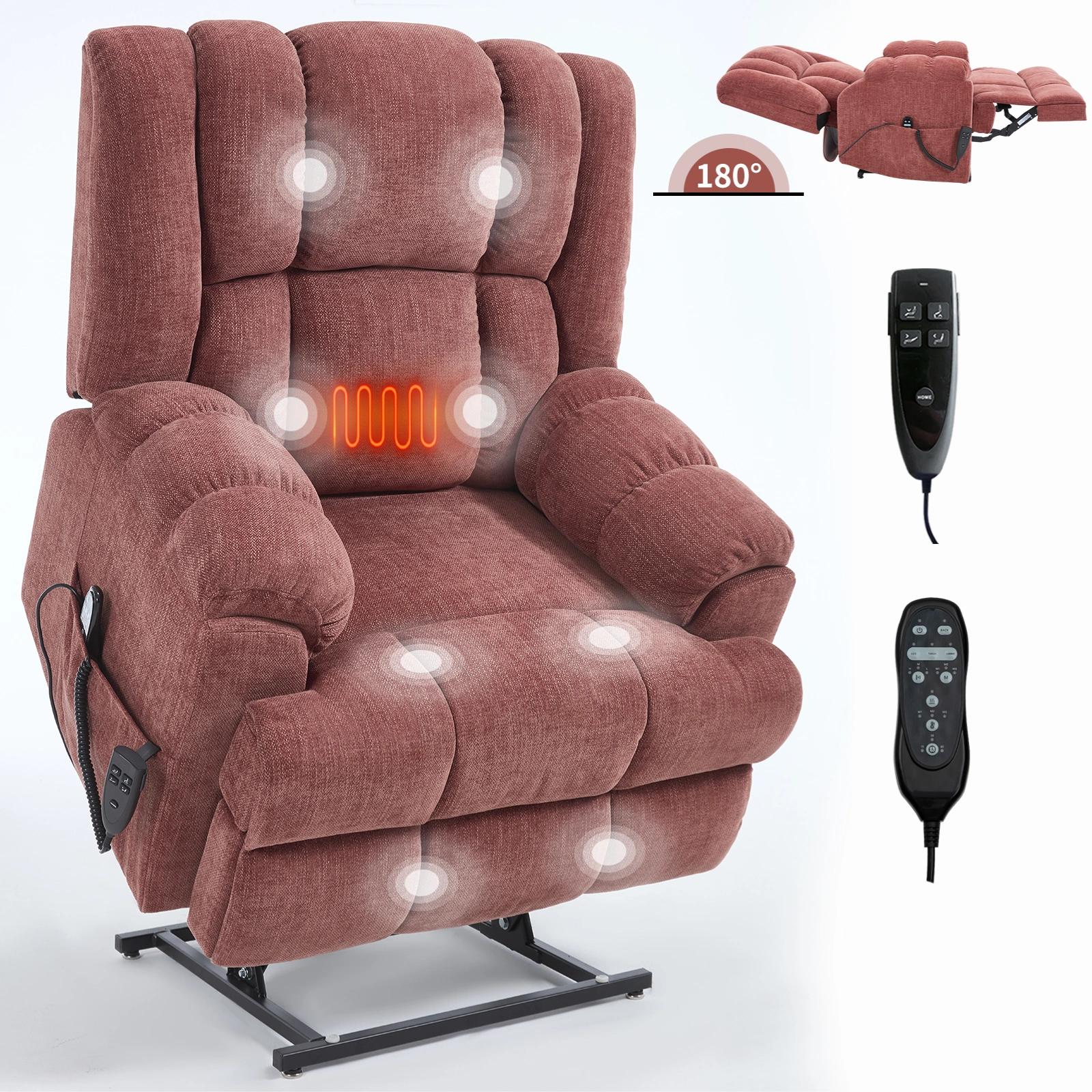 Dual Motor Heat Massage Recliner Chair - Electric Power Lift Recliner with Remote, Infinite Position Up to 350 LBS, Medium-Firm Heavy Duty, Red view 7