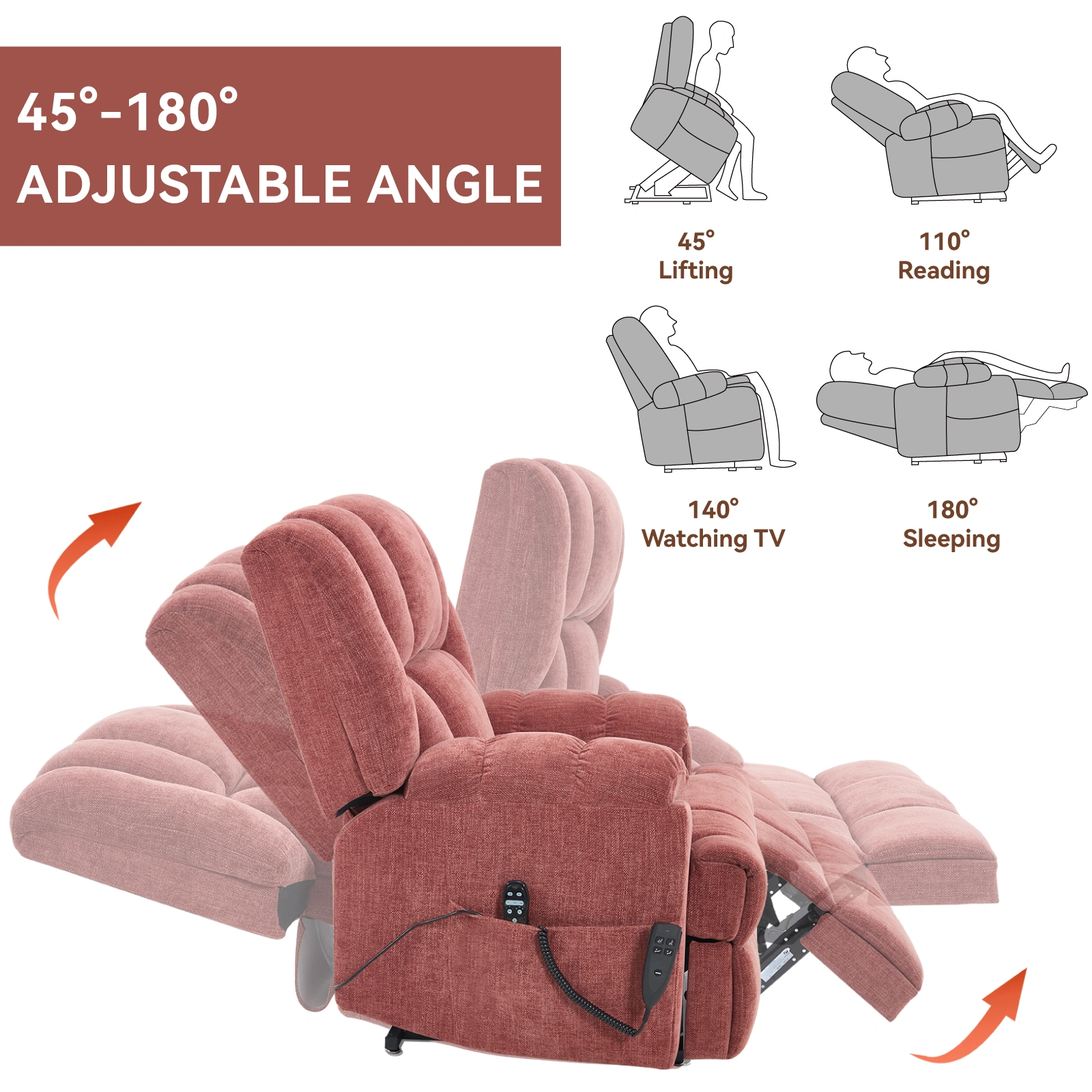 Dual Motor Heat Massage Recliner Chair - Electric Power Lift Recliner with Remote, Infinite Position Up to 350 LBS, Medium-Firm Heavy Duty, Red view 8