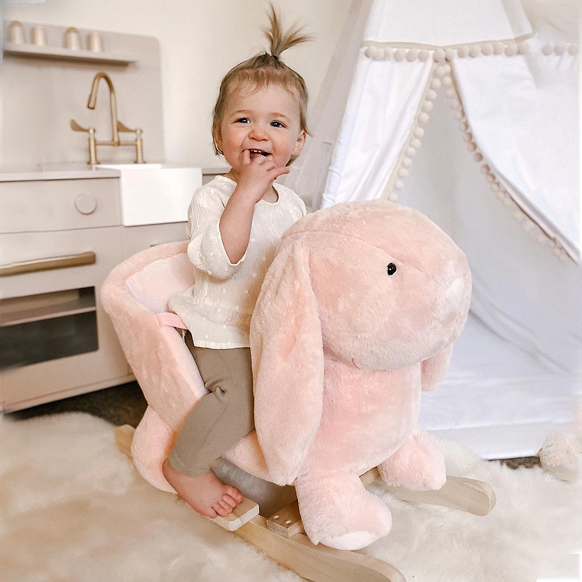 Kids Rocking Horse with Music, Wooden Pony for Toddlers, Baby Rhythmic Musical Toy