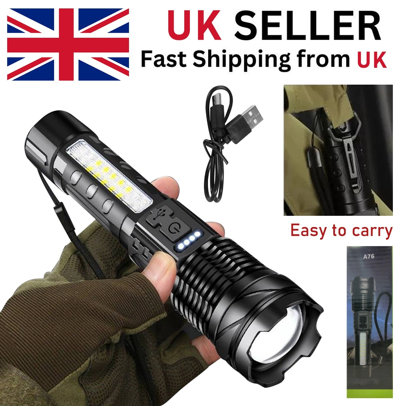 USB Rechargeable LED Flashlight, Adjustable Focus Work Light for Camping, Hiking & Outdoor Adventures
