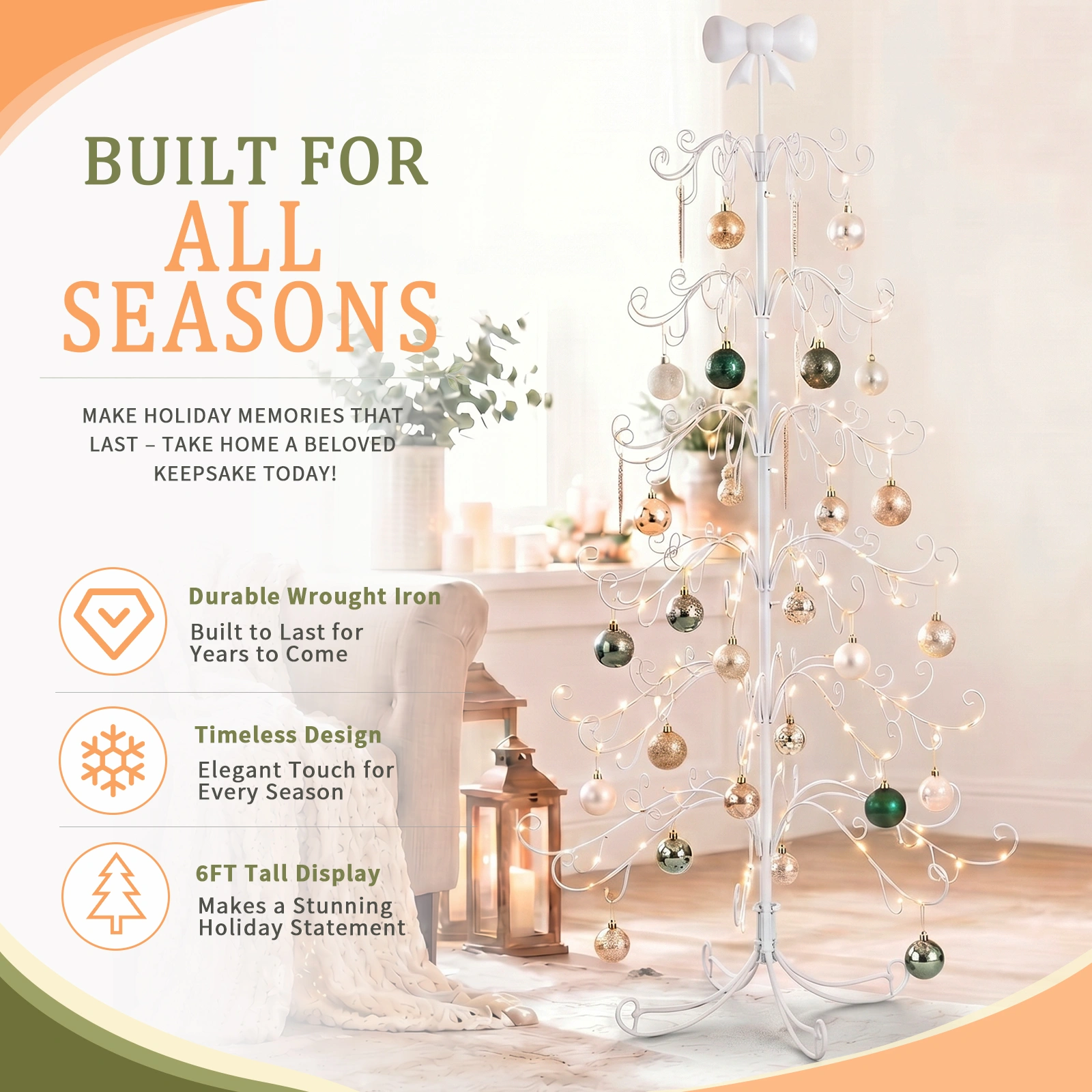 6ft White PVC Metal Artificial Christmas Tree with Bow Topper, No Extra Ornaments, Daily Decor Tree view 6