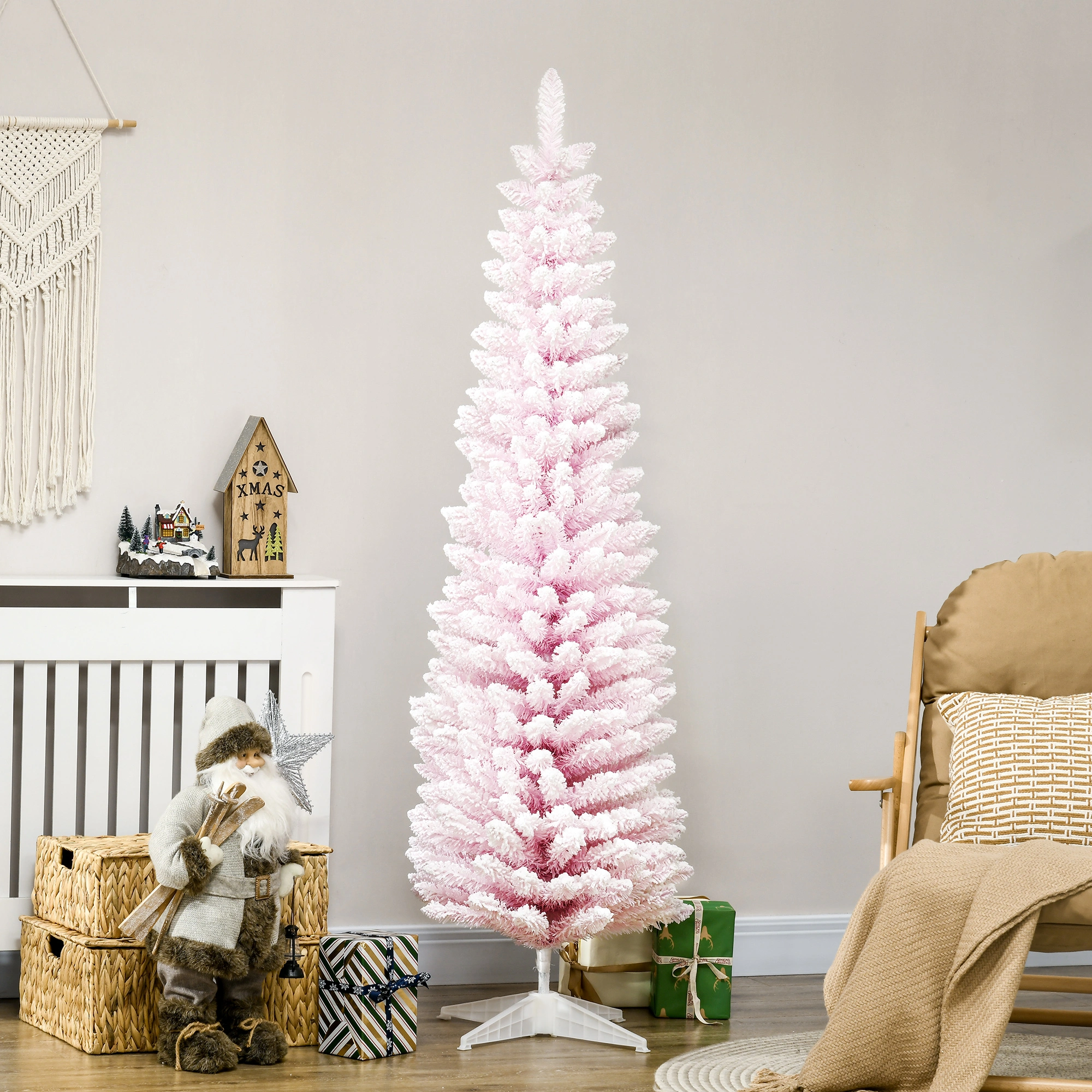 7ft Artificial Christmas Tree with LEDs, Full Pre-Lit Pine Tree, Realistic Evergreen Flock Decor, Easy Assembly Home Holiday Centerpiece