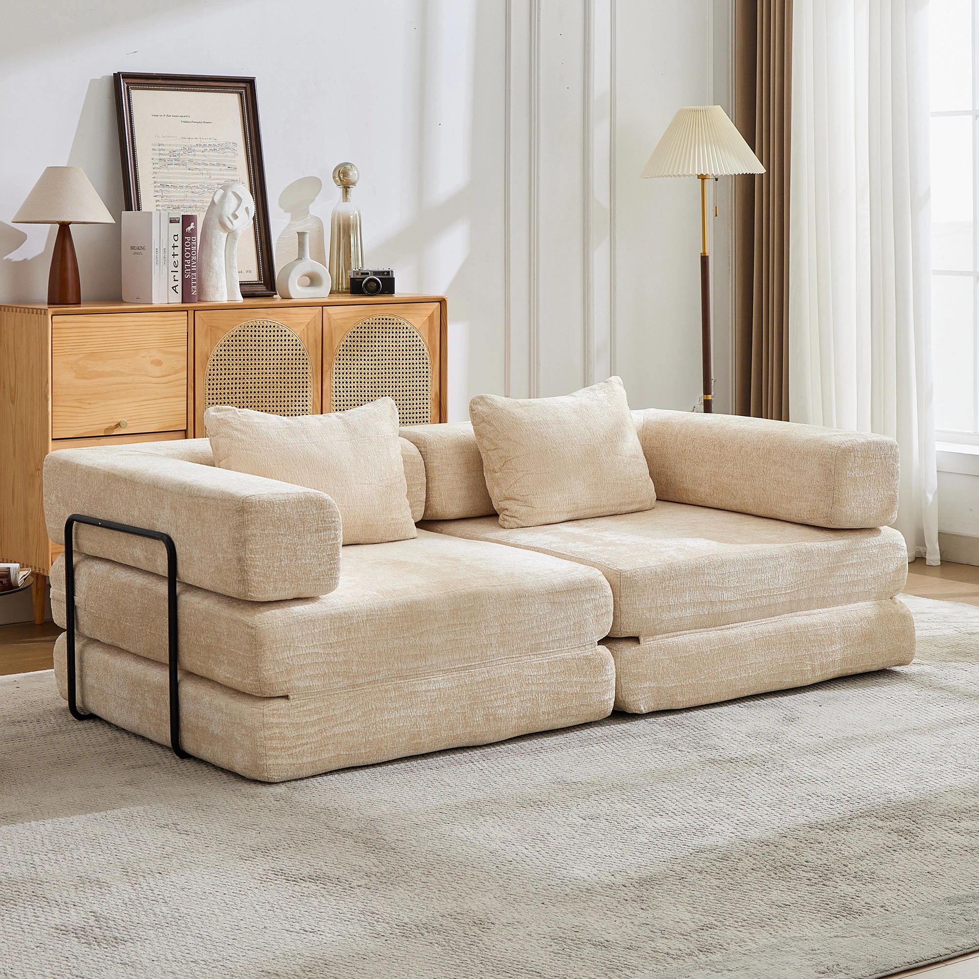 Compression Sofa,Convertible Floor Sofa Bed with Fixed-Shape Frame, Loveseats Boneless Modular Sectional Sofa,No Assembly Required,Chenille fabric,for Living Room Bedroom,Beige