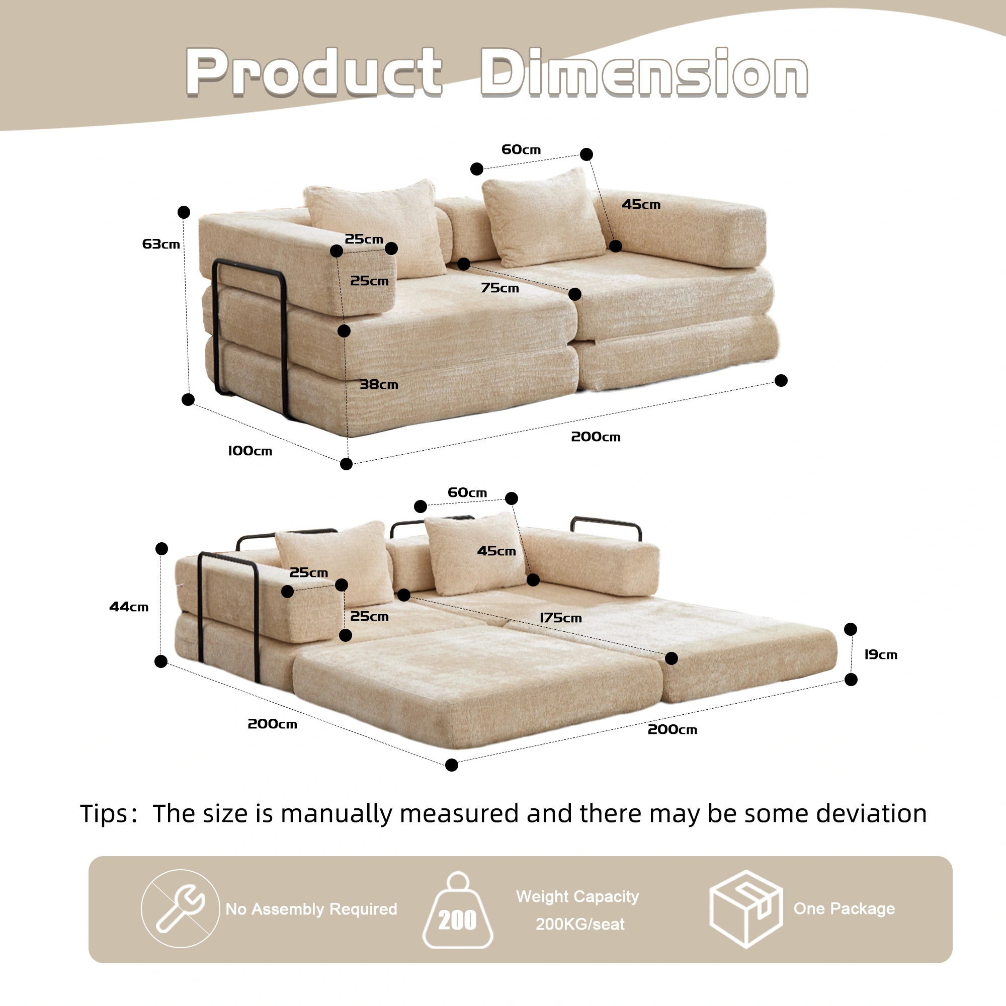 Compression Sofa,Convertible Floor Sofa Bed with Fixed-Shape Frame, Loveseats Boneless Modular Sectional Sofa,No Assembly Required,Chenille fabric,for Living Room Bedroom,Beige view 3