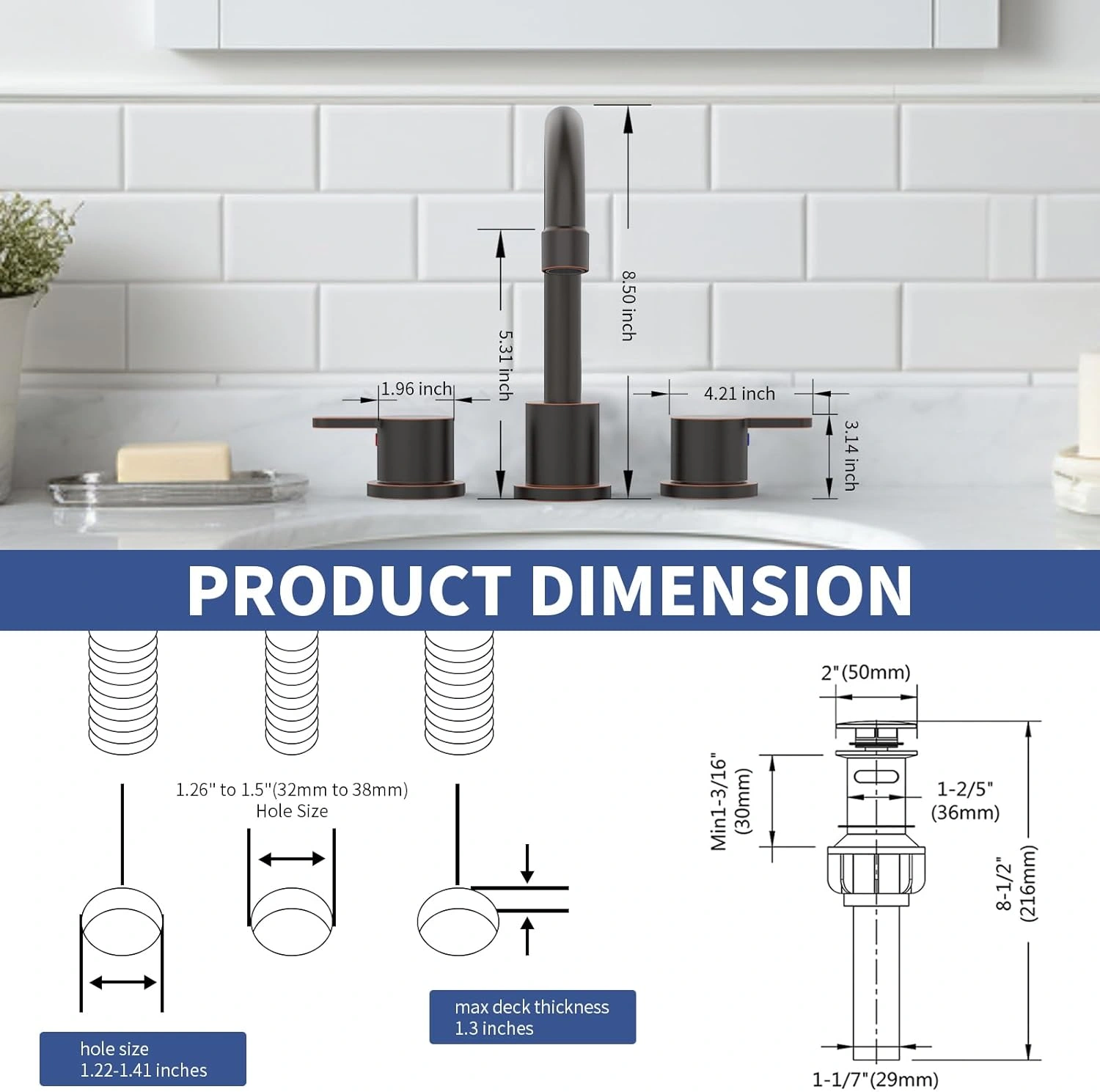 Widespread Bathroom Sink Faucet Oil Rubbed Bronze 2 Handle 8 inch 3 Hole 360°Swivel Spout Vanity Sink with Pop Up Drain Assembly[Unable ship on weekends, TK/TEMU only for pickup, only TX10643 warehouse supports GOFO] view 6