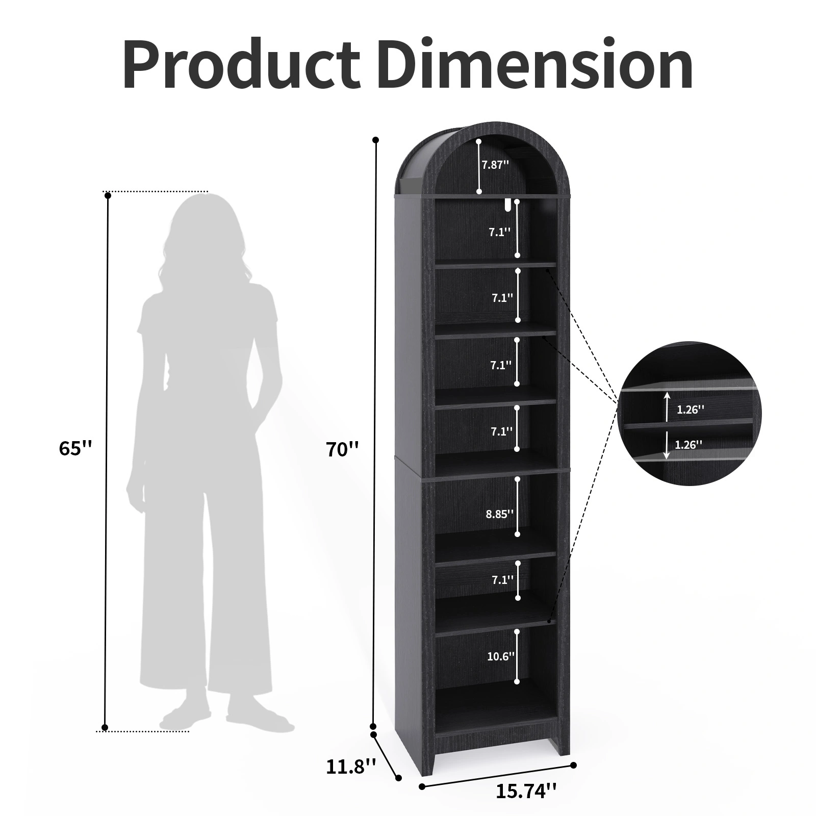 8-Tier Arched Dome Display Rack Particleboard Melamine-Faced Bookshelf 15.75*11.81*70in Black view 5